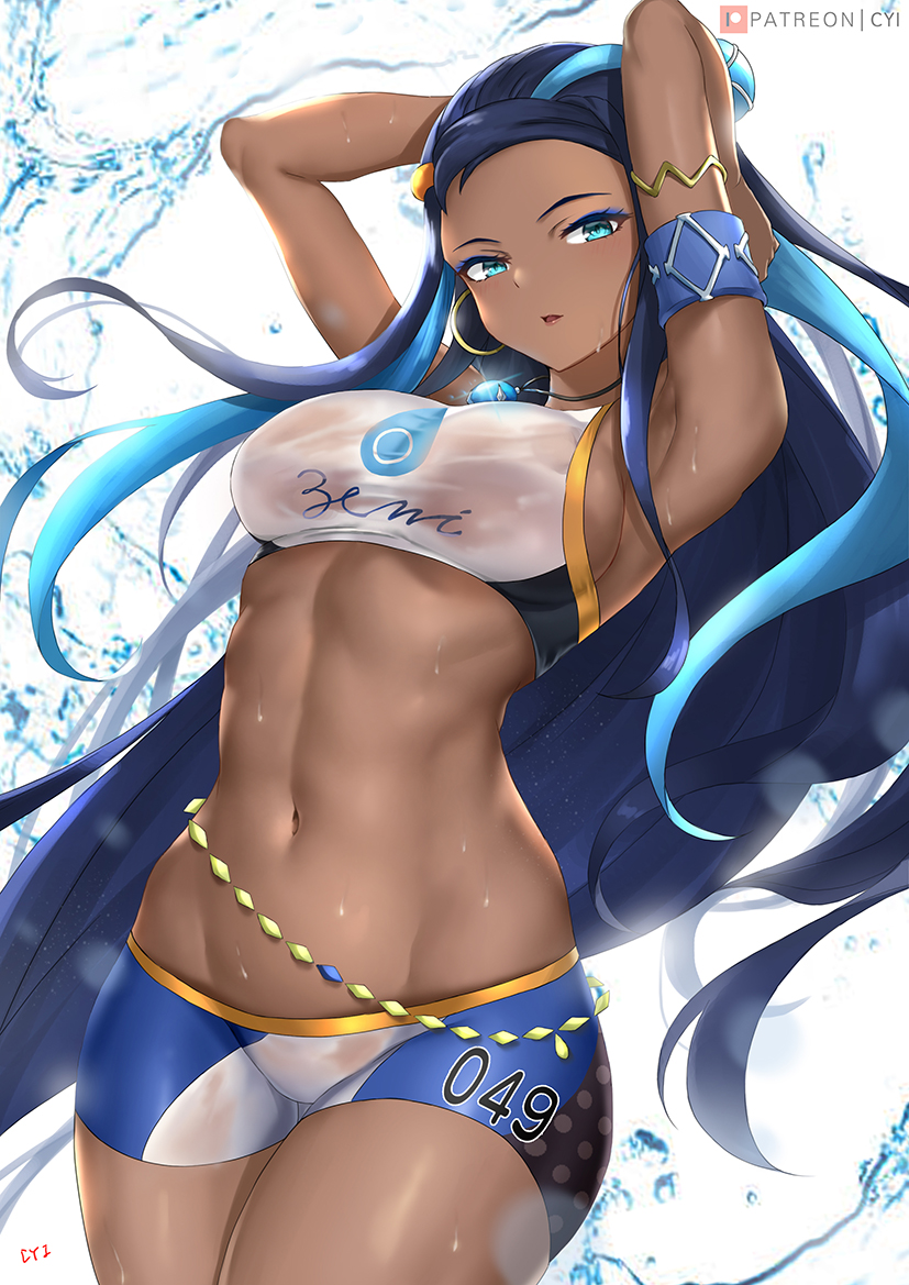 armlet, armpits, arms behind head, arms up, belly chain, bike shorts, black hair, blue eyes, blue eyeshadow, blue hair, blush, breasts, cyicheng, dark skin, dark-skinned female, earrings, eyeliner, eyeshadow, female, female focus, female only, forehead, gym leader, hair bun, hoop earrings, jewelry, large breasts, long hair, looking at viewer, makeup, multicolored hair, navel, necklace, nessa (pokemon), nintendo, parted lips, pokemon, pokemon ss, pokemon swsh, revealing clothes, short shorts, shorts, single hair bun, solo, sports bra, sportswear, thighs, tight clothing, two-tone hair, water, wet, wet clothes, white background