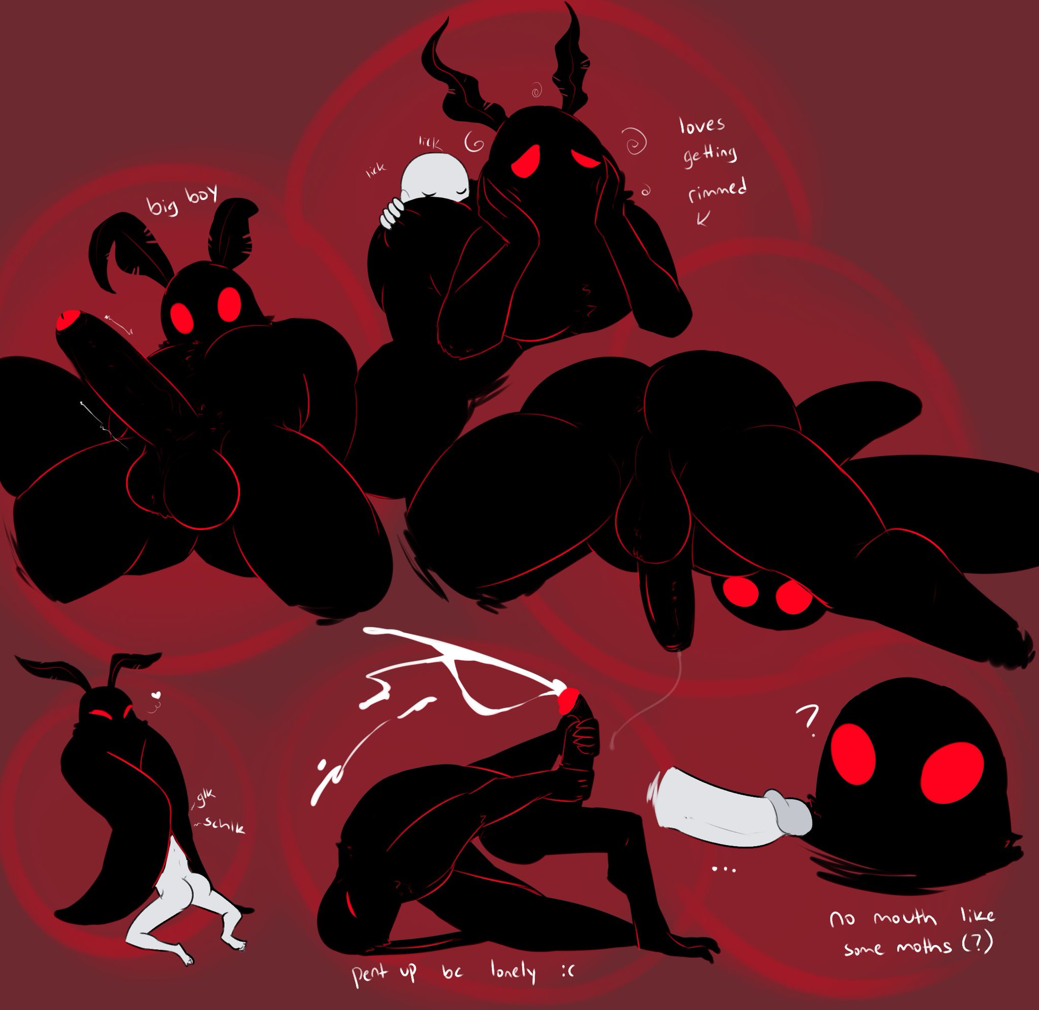 2025, 2boys, 2d, 2d (artwork), anon, anthro, ass, big boy, black body, cumming, digital media (artwork), goober, male, male only, male/male, mothman, penis, red eyes, thedivinetemple