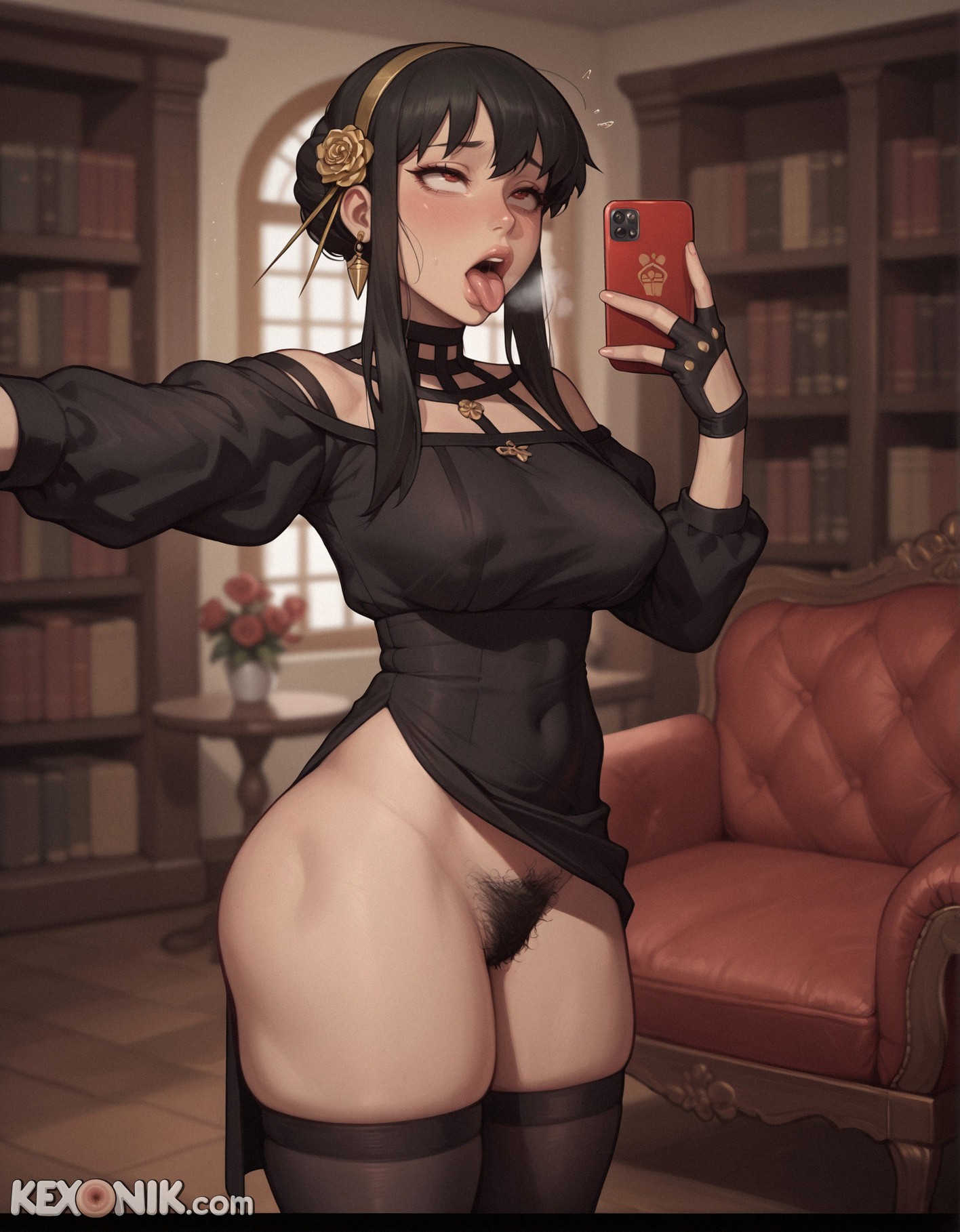 1girls, ahe gao, ai generated, balls, big nipples, black dress, black hair, black thighhighs, bottom heavy, breasts, cute face, female, flaccid, flexible, gold earrings, gold hairband, hair flower, hairy, hairy armpits, hairy pussy, heavy breathing, holding phone, kexonik, male, medium breasts, narrow waist, open mouth, penis, pubic hair, puffy nipples, pussy, red eyes, rolling eyes, rose, sagging breasts, scrotum, selfie, short hair with long locks, sidelocks, skindentation, solo, spy x family, thick thighs, toned, tongue out, veiny penis, wide hips, yor briar, yor forger