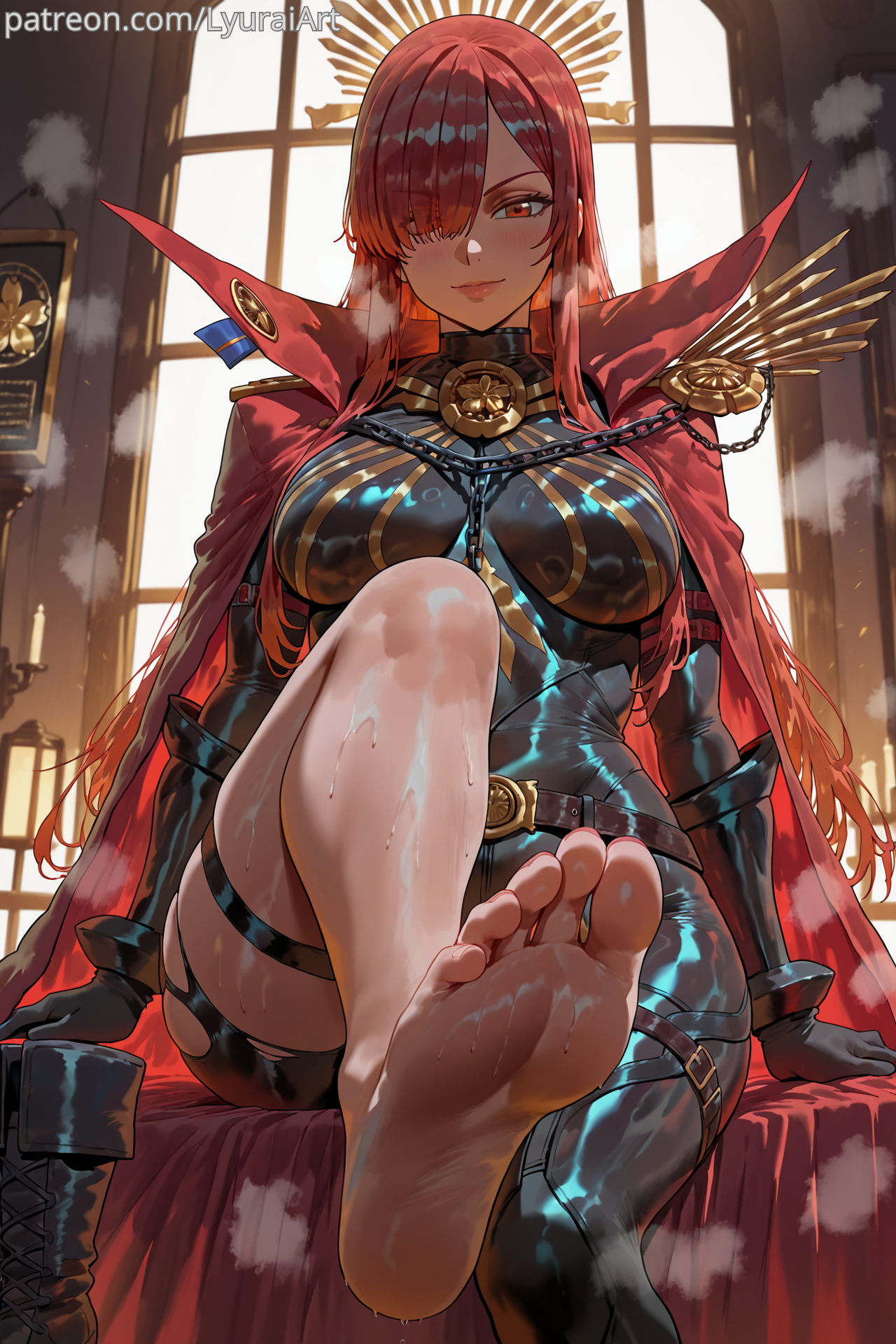 1girls, 2025, absurd res, absurd resolution, absurdres, ai generated, bare thighs, barefoot, belt, belts, big breasts, black belt, black bodysuit, black clothing, black gloves, black latex, blush, bodysuit, boots removed, bracelet, bracelets, breasts, cape, chained, chains, curvaceous, curvy, curvy body, curvy figure, eye covered, fate (series), fate/grand order, feet, feet fetish, feet focus, female, female focus, female only, foot fetish, foot focus, foot worship, fringe, fringe hair, gloves, gold (metal), hair ornament, hair over one eye, head accessory, head ornament, hi res, high quality, high resolution, highres, indoors, inside, latex, latex bodysuit, latex clothing, leg up, light skin, light-skinned female, lipstick, long hair, looking at viewer, lyuraiart, medium breasts, multicolored clothing, no socks, nobunaga oda, oda nobunaga (avenger) (fate), oda nobunaga (fate), offering feet, one foot raised, one foot up, one leg raised, one leg up, orange eyes, painted toenails, patreon, patreon url, patreon username, red belt, red cape, red eyebrows, red eyes, red hair, shiny, shiny clothes, shiny hair, sitting, sitting on bed, smile, smiling, smiling at viewer, soles, soles female, soles fetish, soles focus, solo, solo female, steam, steaming body, steamy, straight hair, sweat, sweatdrop, sweating, sweaty, sweaty thighs, thick, thick female, tight bodysuit, tight clothes, tight clothing, toes, voluptuous, voluptuous body, voluptuous female, watermark