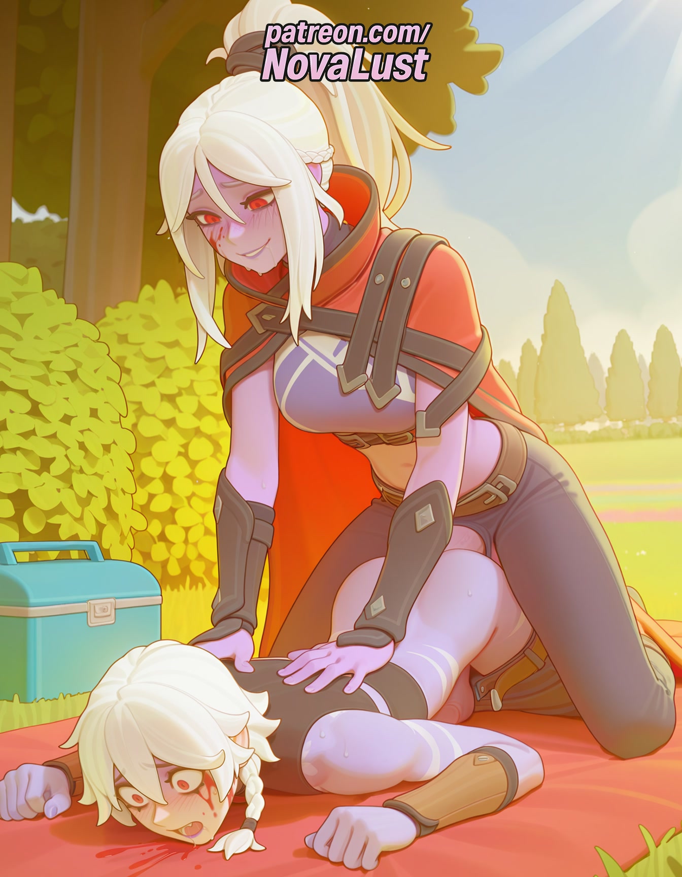 1boy, 1futa, 2025, ai generated, ai penis, anal, artist name, assertive female, belt, bleeding, blush, colored skin, dota 2, drow ranger, female, futa on male, futanari, hi res, high quality, high resolution, highres, intersex, lying, male, novalust, pants, patreon, patreon username, penis, pointy ears, rape, red eyes, stable diffusion, watermark, white hair, yuri