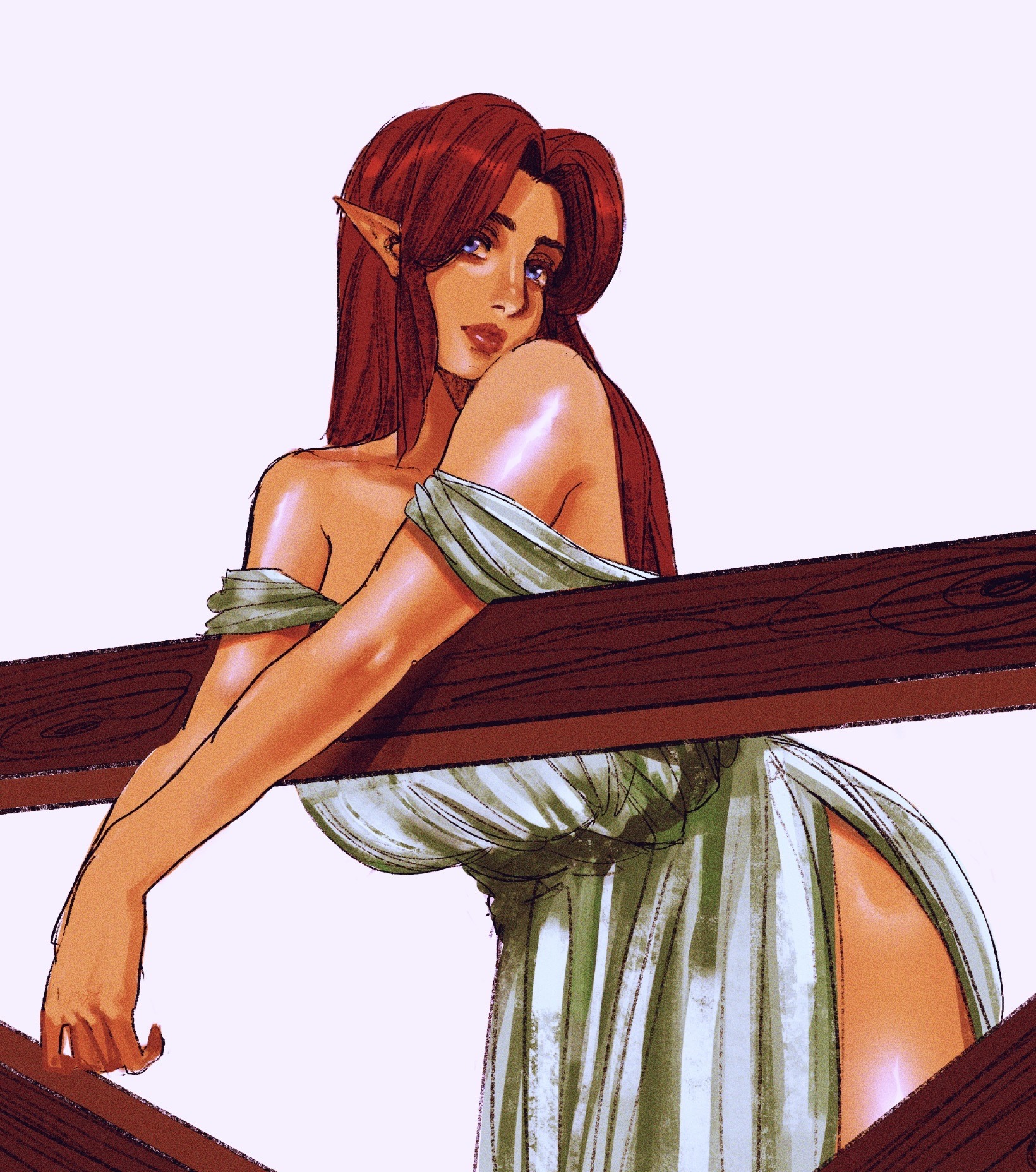 1girls, big breasts, blue eyes, breasts, defined nose, dress, exposed legs, exposed shoulders, exposed thighs, female, female focus, female only, hylian, hylian ears, large breasts, long hair, looking at viewer, malon, no bra, no panties, ocarina of time, pinup, plump lips, pointy ears, red hair, shoulders, simple background, slit dress, solo, solo female, solo focus, strap slip, the legend of zelda, thick thighs, thighs, white dress