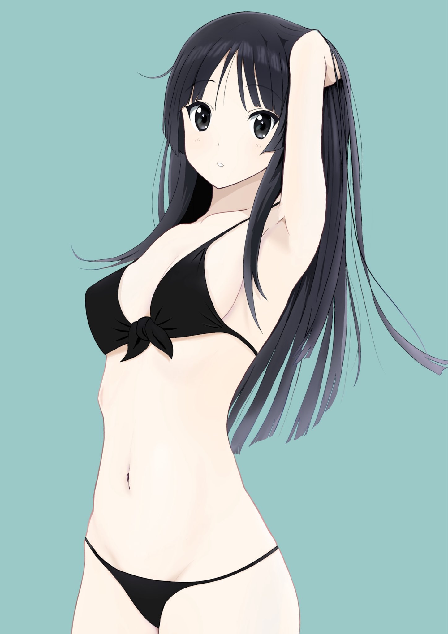 adjusting hair, black bikini, blush, groin, k-on!, looking at viewer, mio akiyama (k-on!), petite, small breasts, thighs