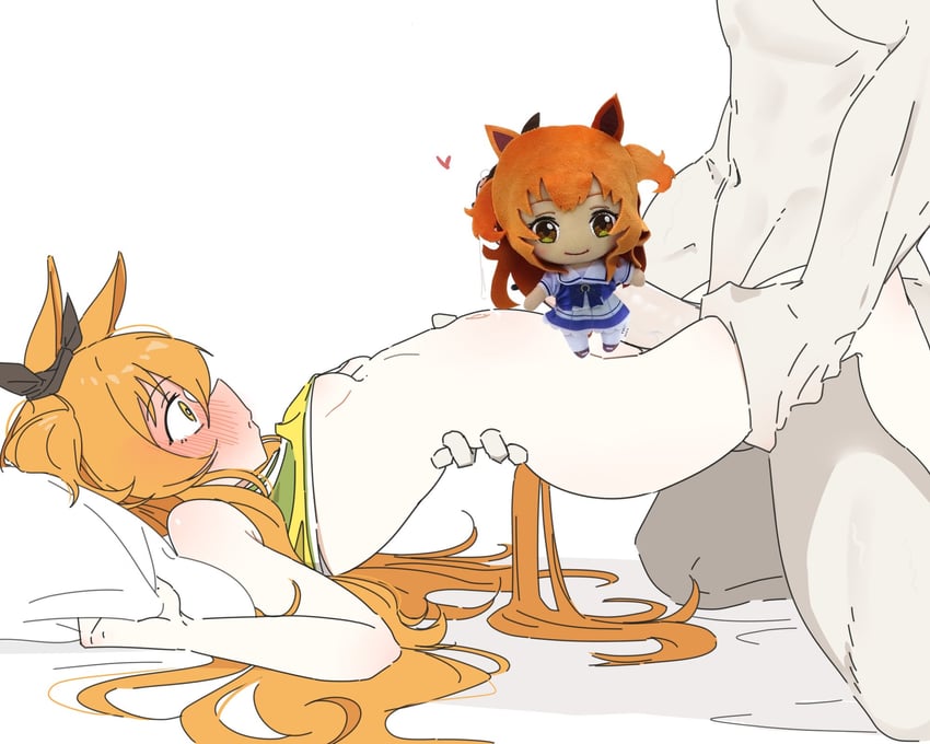 1boy, 1girls, animal ears, bed, blush, censored, female, flat chest, funny censor, horse ears, horse girl, horse tail, imminent sex, large penis, male, mayano top gun (umamusume), nude, orange hair, penis, tail, umamusume, umamusume pretty derby