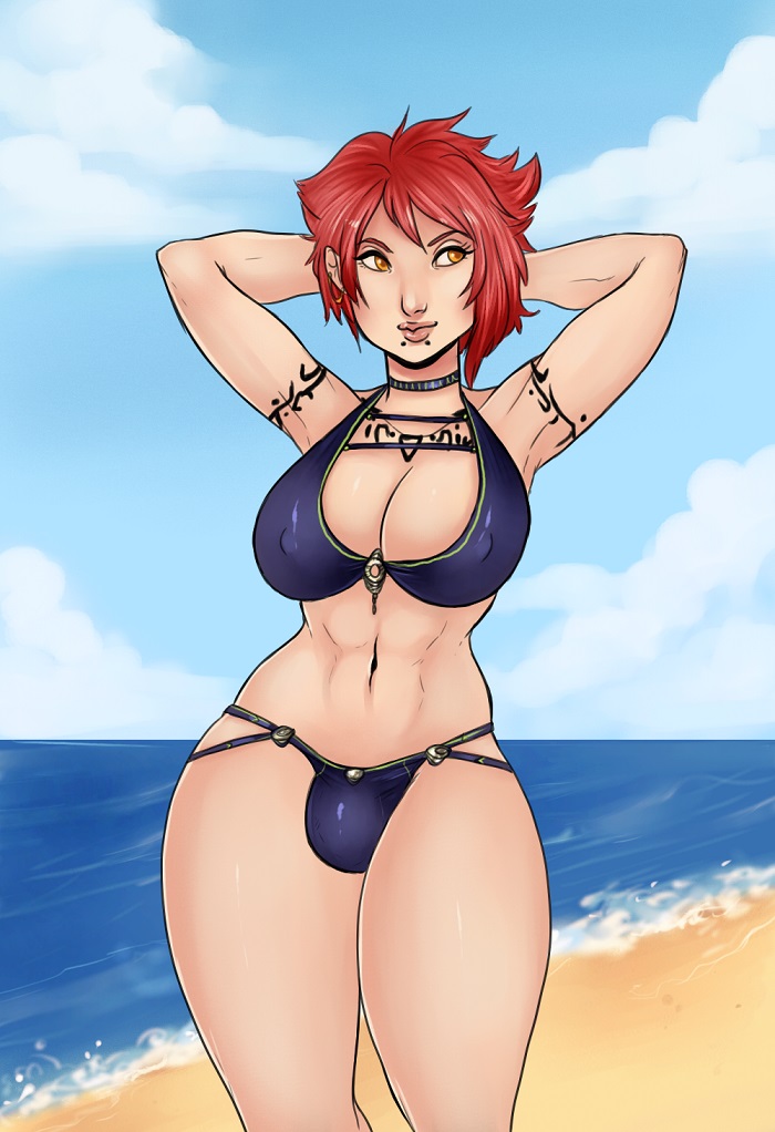 1futa, abs, beach, big breasts, bikini, breasts, bulge, cameltail, choker, clouds, collar, crotch bulge, dickgirl, dwenda, ear piercing, earring, earrings, futa only, futanari, hair, intersex, light skin, mouth piercing, orange eyes, piercing, posing, red hair, sand, sea, sky, solo, tattoo, water