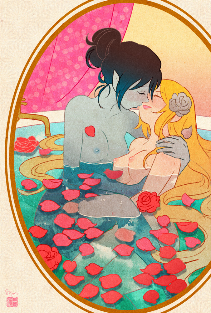 2girls, adventure time, adventure time: fionna & cake, artist request, bath, blonde, blonde hair, blonde-haired female, female only, female/female, fionna the human girl, grey skin, kiss, kissing, lesbian kiss, marceline, marceline abadeer, marceline the vampire queen, nipples, rose, yuri