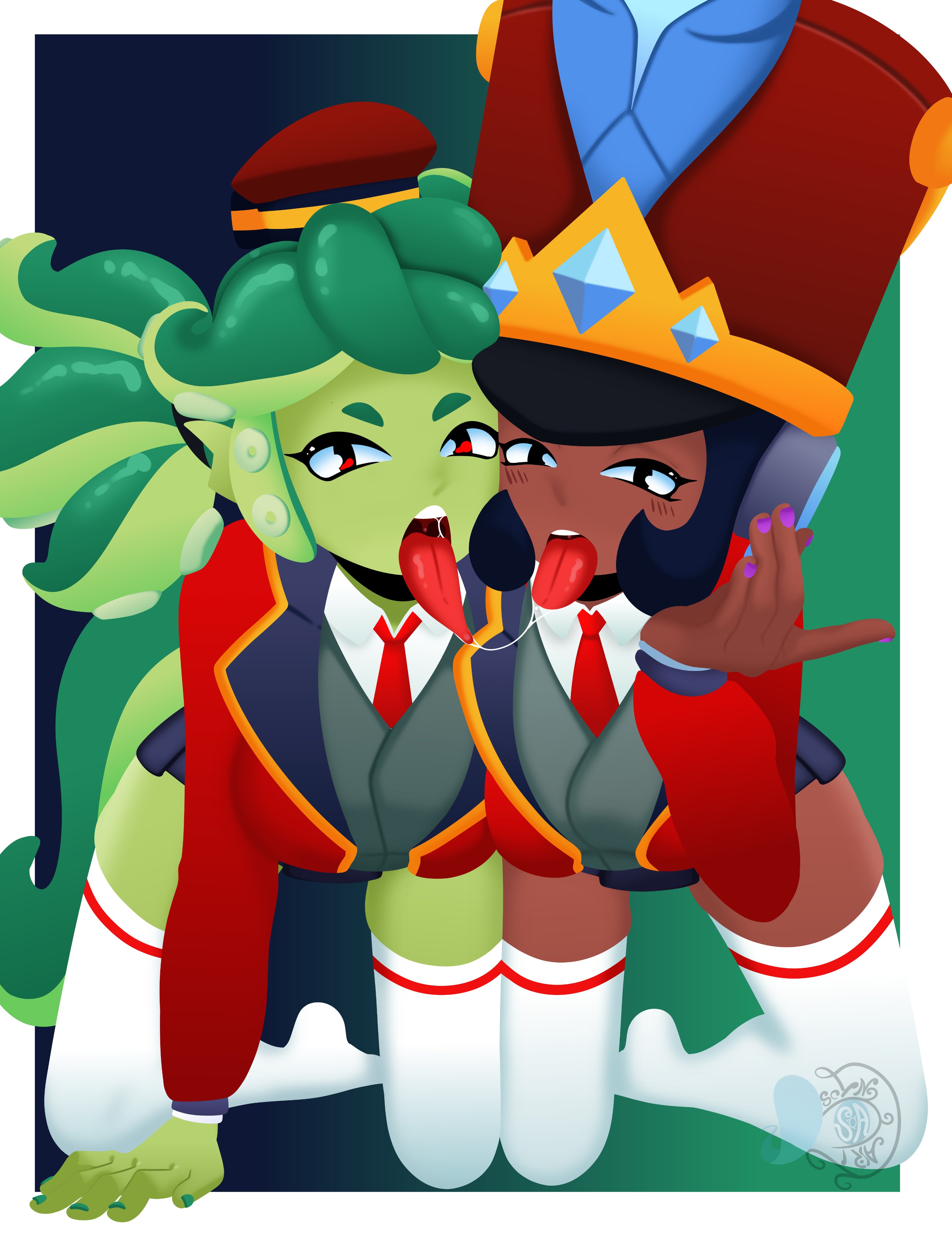 2girls, academy mandy (brawl stars), after kiss, blazer, brawl stars, breast press, breast squeeze, clothed, clothed female, dark-skinned female, female focus, female only, green skin, headwear, kiss, kissing, lingerie, looking at viewer, mandy (brawl stars), najia (brawl stars), on knees, red tie, saliva string, school uniform, scynart, shirt, tentacle, tentacle hair, tentacles, thighs, tie, tongue, tongue out