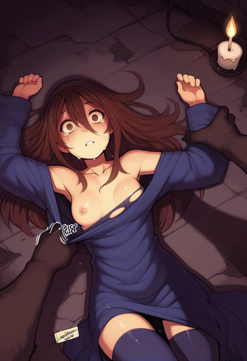 1boy, 1furry, 1girls, ai generated, anthro, anthro dominating human, arm grab, arms above head, arms up, assisted exposure, bare shoulders, brown eyes, brown fur, brown hair, candle, canid, canine, canine on human, civitai, clothes grab, clothes pull, collarbone, crying, crying with eyes open, dark blue dress, dark blue thighhighs, dress, dress pull, empty eyes, fire, floor, forced exposure, hair between eyes, helpless, helpless female, helpless girl, human, human female, imminent rape, imminent sex, long hair, long sleeves, lying, lying on back, male anthro/female human, muscular anthro, muscular male, nipples, off shoulder, one breast out, parted lips, pov, raised eyebrows, rapist and victim, rapist pov, restrained, ripped clothing, robe, robe only, size difference, tearing clothes, teenage girl, teenager, teeth, thighhighs, torn clothes, werewolf, wide eyed, you gonna get raped, young