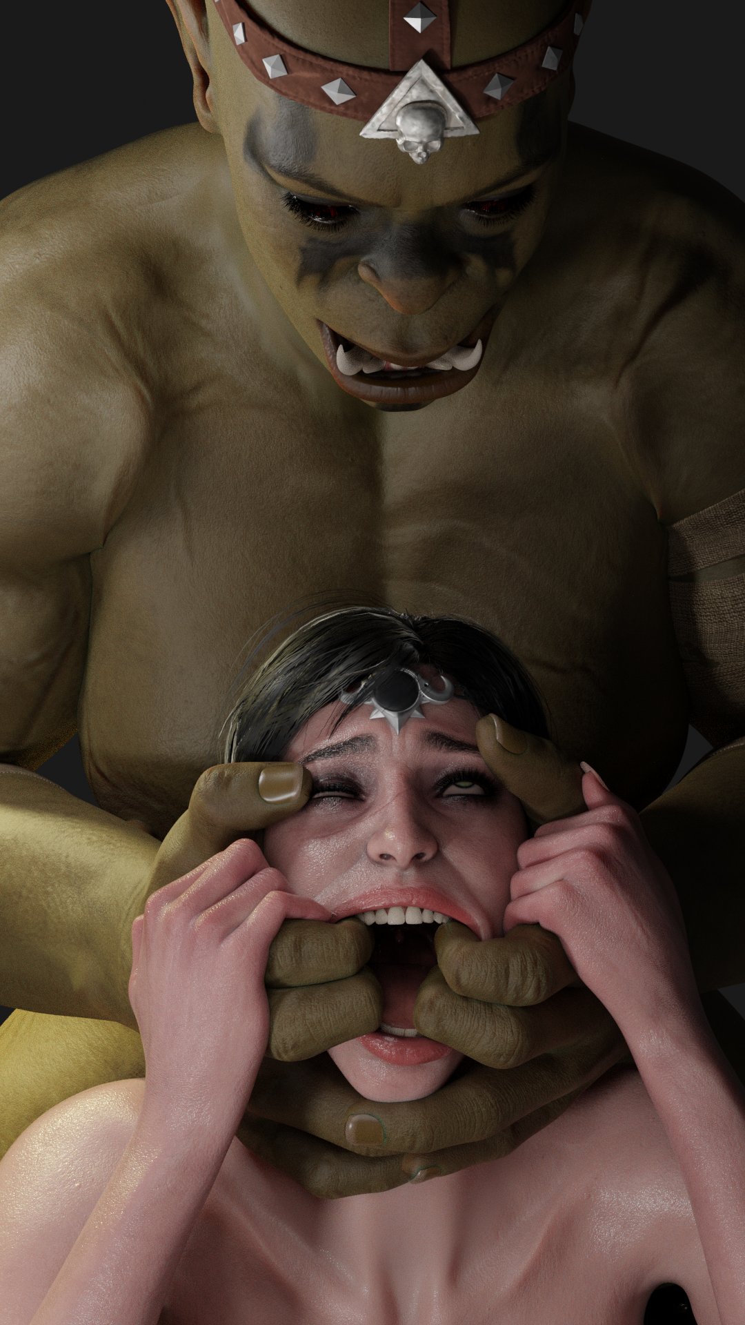 1futa, 1girls, 3d, 3d render, baldur's gate, baldur's gate 3, black hair, bobbybuttbuck, braided hair, elf female, fingers in mouth, fucked from behind, futa on female, green eyes, half-orc, orc, pointy ears, scar, shadowheart, straight, wide open mouth