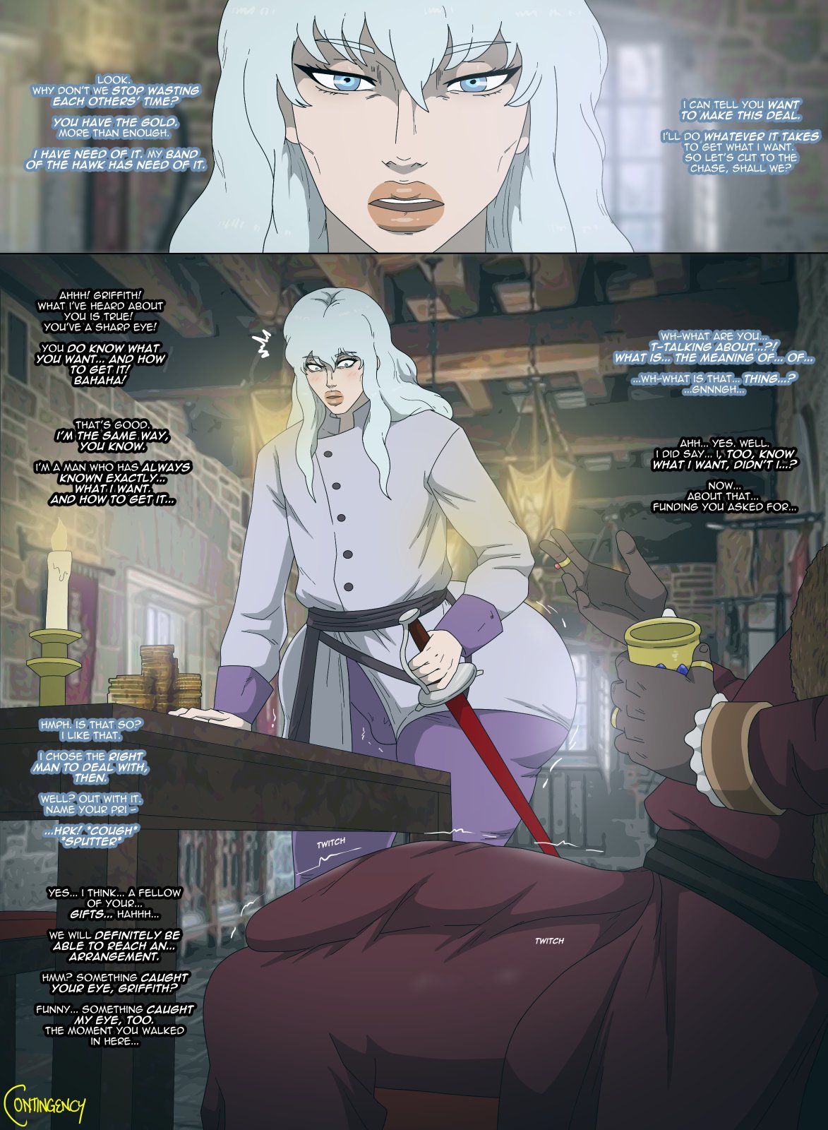 berserk, blue eyes, bulge under clothing, contingency, dark-skinned male, dialogue, femboy, gold coins, griffith, medieval, red clothing, tagme, white hair