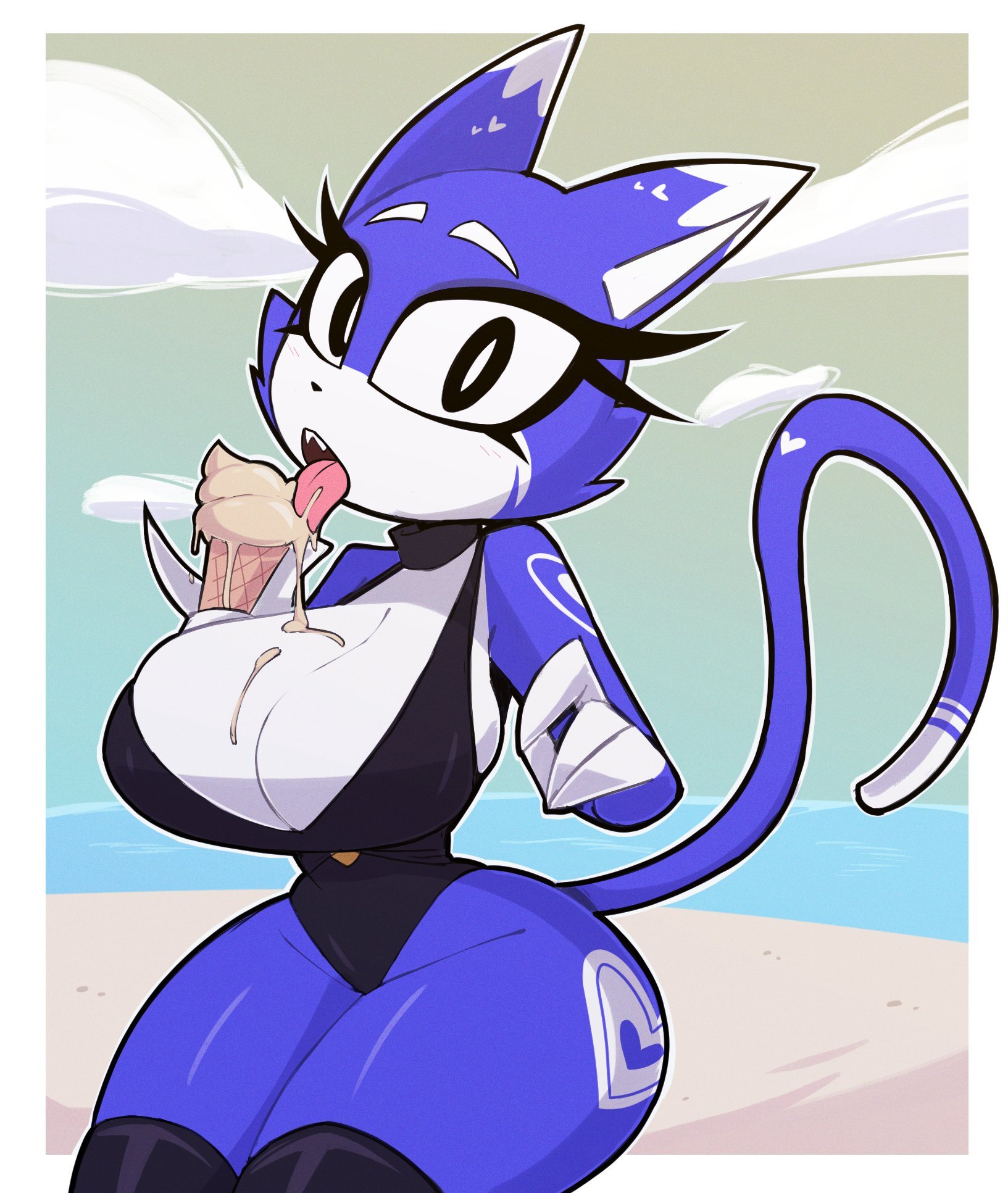 1girls, anthro, breasts, choker, cleavage, clothes, dripping, food, huge breasts, ice cream, ice cream cone, legwear, licking, looking at viewer, nelljoestar, one-piece swimsuit, solo, solo female, swimsuit, thick thighs, thighhighs, thighs, tongue, tongue out