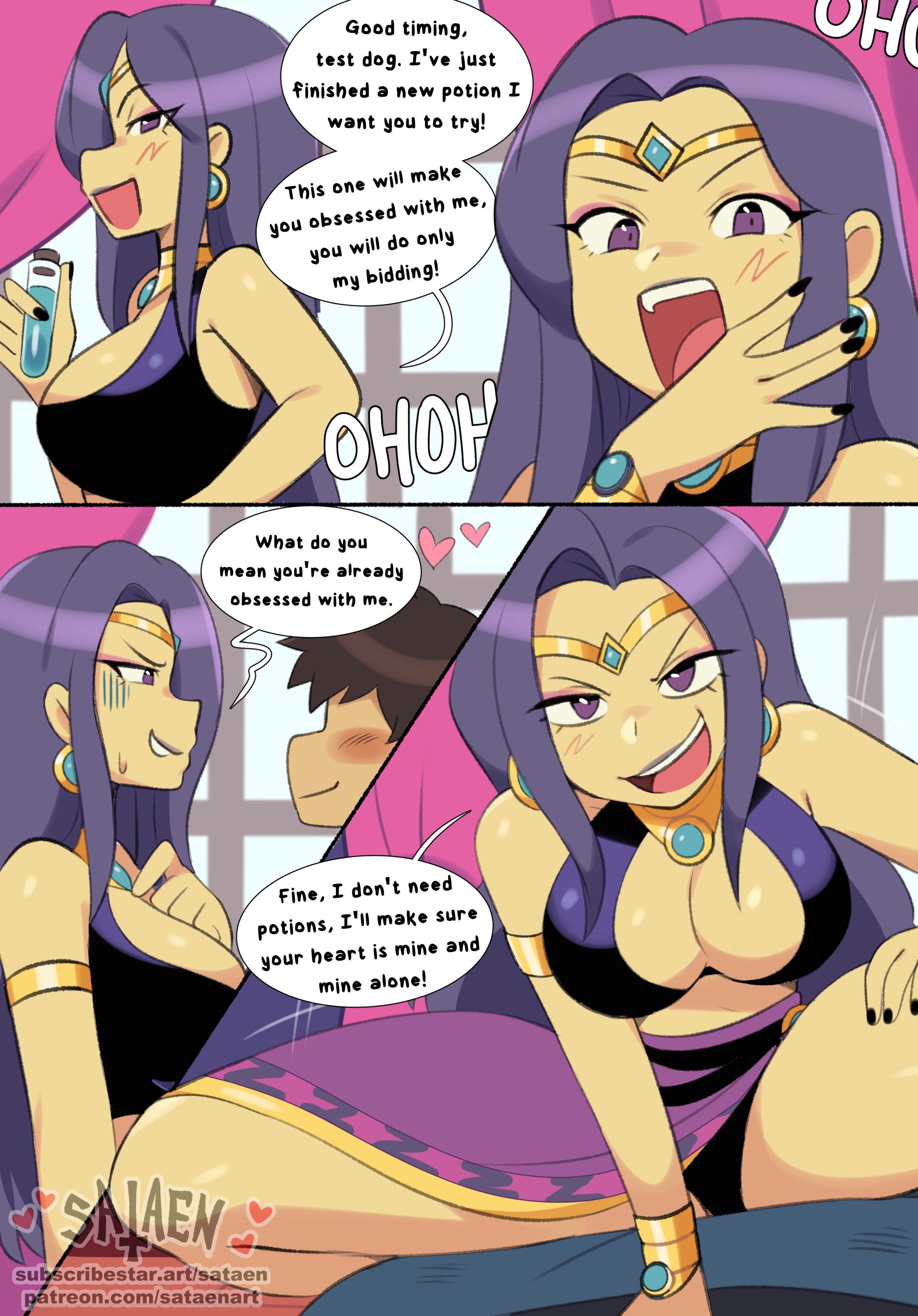 1boy, 1girls, 2026, black panties, blush, breasts, circlet, comic, comic page, earrings, english text, female on top, fields of mistria, heart, jewelry, juniper (fields of mistria), laugh, long hair, open mouth, painted nails, panties, patreon username, purple eyes, purple hair, sataenart, skirt, sorceress, spread legs, straddling, subscribestar username, tagme, text, thighs, upskirt, watermark