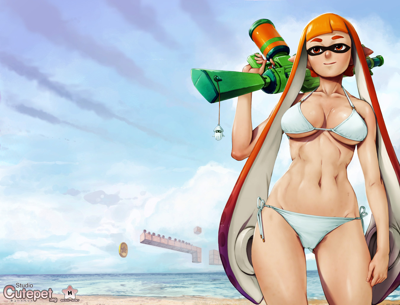 1girls, beach, bikini, cleavage, clothes, coin, crossover, cutepet, day, female, front view, gun, inkling, inkling girl, kaori (splatoon), mask, navel, nintendo, orange eyes, orange hair, outdoors, sand, side-tie bikini, sky, smooth skin, solo, splatoon, splatoon (series), standing, swimsuit, water, weapon