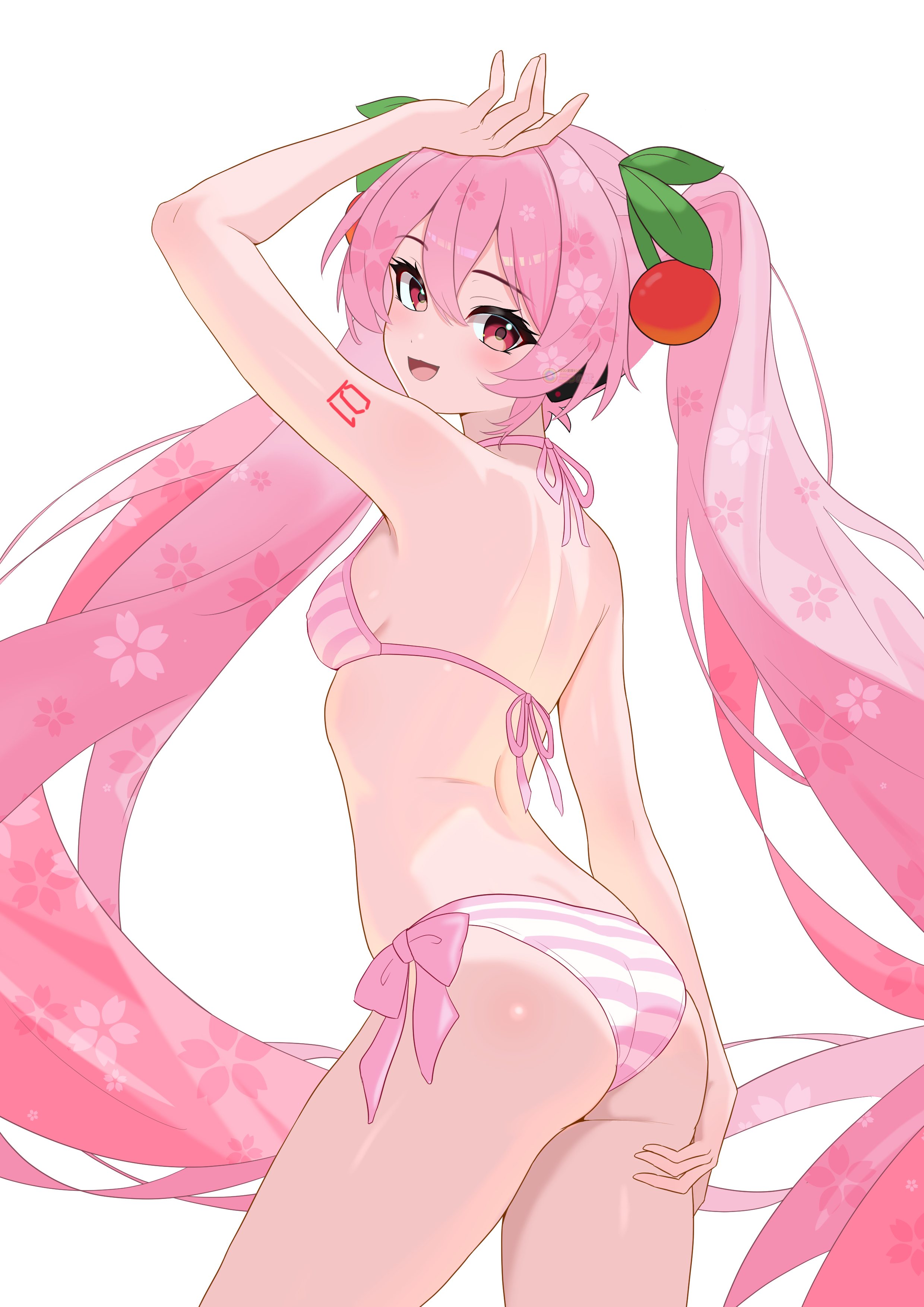 1girl, absurdres, arm up, ass, bikini, bow, breasts, cherry hair ornament, cowboy shot, day, food-themed hair ornament, hair between eyes, hair ornament, hatsune miku, highres, long hair, looking back, number tattoo, ocean, open mouth, outdoors, partially submerged, pink bikini, pink bow, pink hair, red eyes, sakura miku, shoulder blades, shoulder tattoo, small breasts, smile, solo, striped bikini, striped clothes, swimsuit, tattoo, twintails, very long hair, vocaloid, water drop