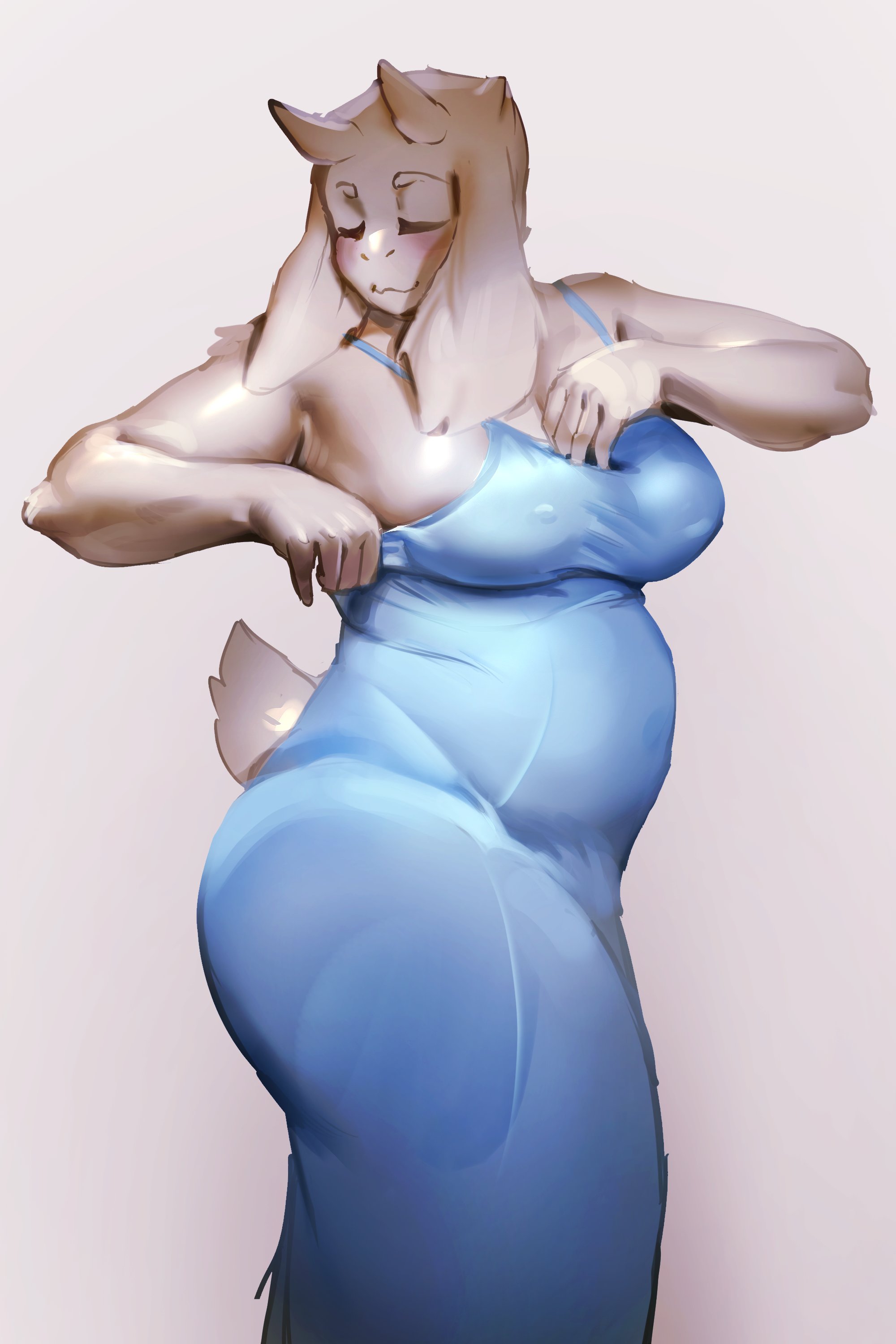 1girls, 2026, 2d, adjusting clothes, adjusting dress, anthro, anthro female, armpit, ass, austinarts4, bare shoulders, belly, big ass, big breasts, blue dress, blue nightgown, breasts, chubby, chubby anthro, chubby female, cleavage, closed eyes, clothed, clothing, cowboy shot, curvy, deltarune, digital media (artwork), fabric stretch, female, goat, goat ears, goat girl, goat horns, goat humanoid, goat tail, grey background, highres, huge ass, jpeg, mature female, milf, nightgown, nightgown only, nipples, nipples visible through clothing, see-through clothing, shiny skin, simple background, sleepwear, smile, solo, thick thighs, toriel, twitter link, undertale (series), voluptuous, white fur, wide hips