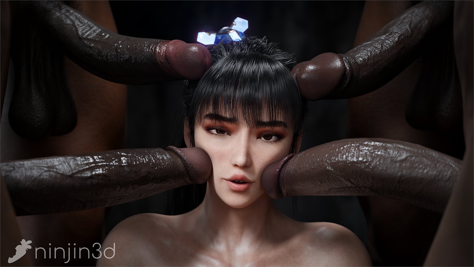 1girls, 2026, 3d, 3d render, 4boys, aroused, aroused face, aroused female, asian, asian female, balls, bangs, black hair, blacked, brown eyes, cock worship, cute, cute face, dark background, dark penis, dark skin, dark-skinned male, detailed, eve (stellar blade), foreskin, glistening, glistening genitalia, group, group sex, hair ornament, half-erect, hi res, huge balls, huge cock, huge penis, imminent fellatio, imminent oral, interracial, large penis, light skin, light-skinned female, looking at viewer, meme, ninjin3d, nude, nude female, nude male, offscreen character, offscreen male, open mouth, pale skin, partial male, penis awe, penis on face, penis worship, ponytail, redline surrounded by guns (meme), saggy balls, shiny skin, simple background, spine (game), stellar blade, surrounded, surrounded by men, surrounded by penises, thick penis, veins, veiny penis, video game character, video games