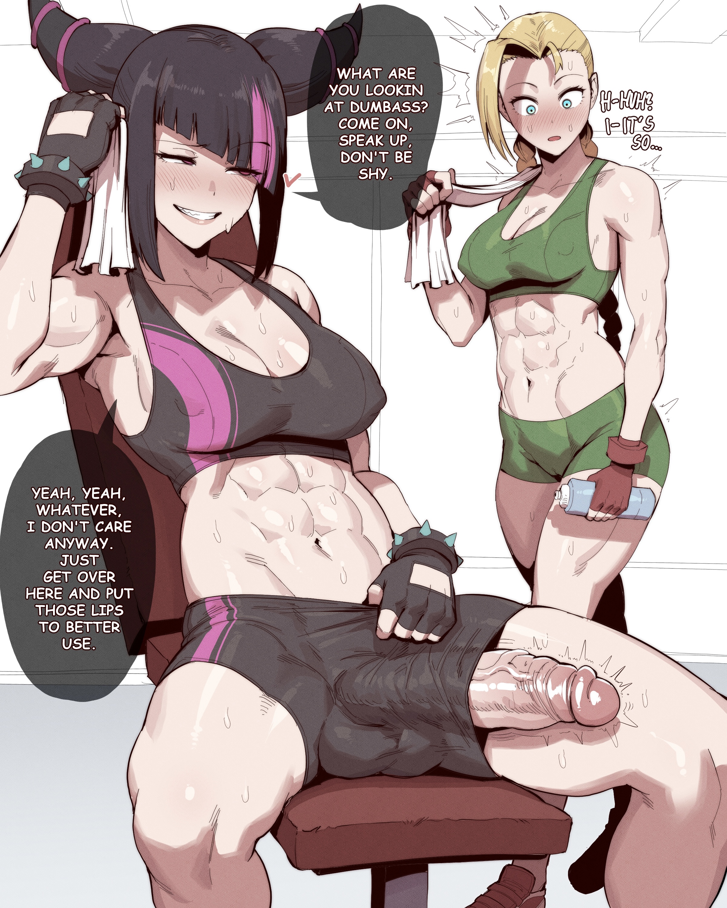 1futa, 1girls, 2girls, abs, absurdres, big breasts, big penis, black gloves, black hair, black shorts, black sports bra, blonde hair, blue eyes, blush, bottle, bracelet, braid, breasts, bulge, bulge down leg, cameltoe, cammy white, cleavage, collarbone, comic sans, commentary, constricted pupils, covered navel, covered nipples, covered testicles, diagonal bangs, dialogue, english commentary, english text, erection, erection under clothes, eyes visible through hair, feet out of frame, female, fingerless gloves, flashing, futa with female, futanari, gloves, green shorts, green sports bra, grin, gym, hair horns, half-closed eyes, han juri, heart, highres, holding, holding bottle, holding towel, huge breasts, huge cock, intersex, jewelry, juri han, large breasts, large penis, looking at another, looking at penis, multicolored hair, multiple girls, muscular, muscular female, navel, open mouth, paid reward available, parted lips, patreon logo, patreon username, penis, penis awe, penis peek, penis slip, penis through leghole, pink hair, purple eyes, red gloves, revealing clothes, short shorts, shorts, sidelocks, sitting, smile, speech bubble, speedl00ver, spiked bracelet, spikes, sports bra, spread legs, standing, streaked hair, street fighter, sweat, testicles, text, towel, twitching penis, two-tone hair, uncensored, veins, veiny penis, walking, wardrobe malfunction, water bottle, web address, wide-eyed, wiping sweat, workout clothes