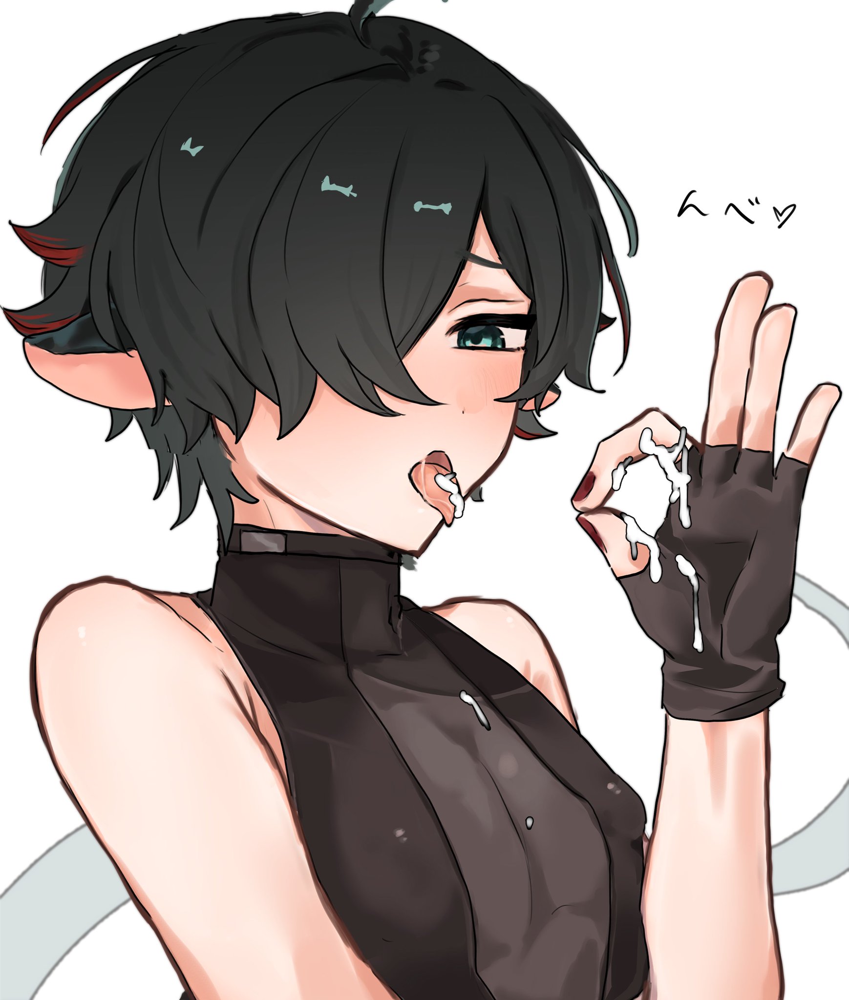8takoocto, blowjob gesture, chest, crop top, cum, cum in mouth, cum on body, cum on hand, cum on tongue, femboy, femboysub, genderswap (ftm), green eyes, hair between eyes, jane doe (zenless zone zero), john doe (zenless zone zero) (scopeophilia), male only, mouth open, rat, rat ears, rule 63, saliva, saliva string, see-through clothing, shoulders, sign, tong, tongue, tongue out, twink, twitter link, zenless zone zero