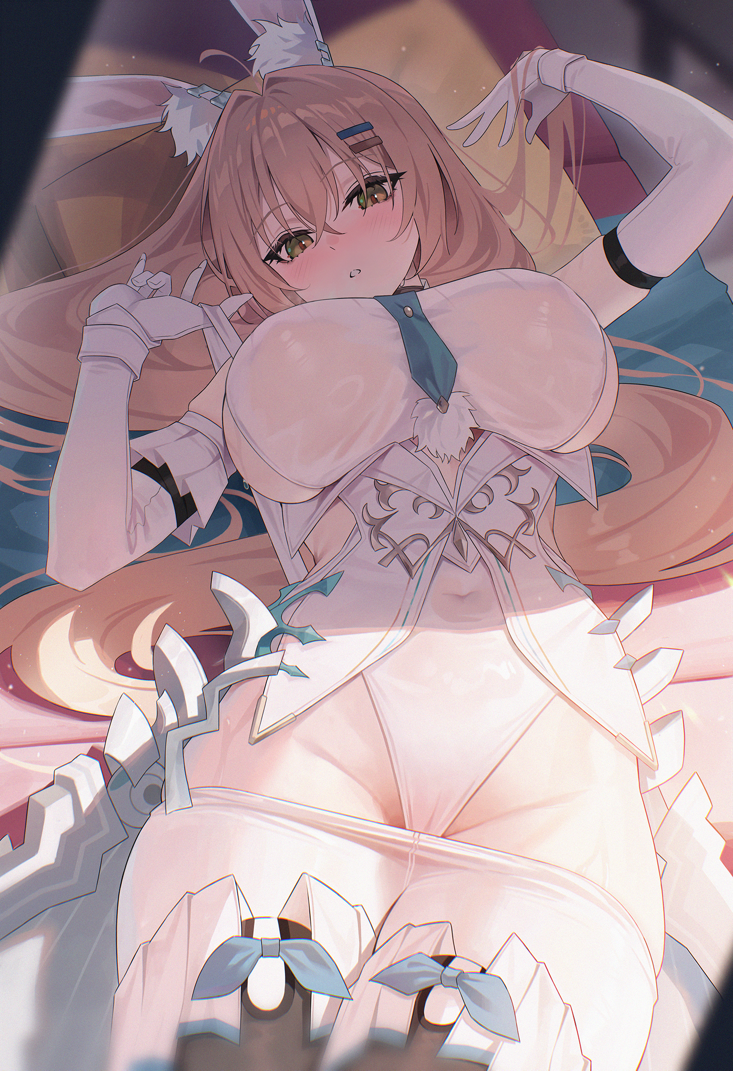 1girls, animal ears, artist name, artist request, blonde hair, blue tie, boob window, breasts, bunny ears, bunny girl, curvy, curvy female, curvy figure, female, female focus, female only, gloves, gratia (silver palace), green eyes, large breasts, legwear, long gloves, long hair, long white gloves, looking at viewer, on back, on bed, pantyhose, pantyhose pull, rabbit ears, rabbit girl, sexy, sexy body, sexy pose, side boob, sideboob, silver palace, solo, solo female, solo focus, thick, thick thighs, thighhighs, thighs, tie, transparent clothing, wet, wet clothes, white clothing, white gloves, white pantyhose, wide hips
