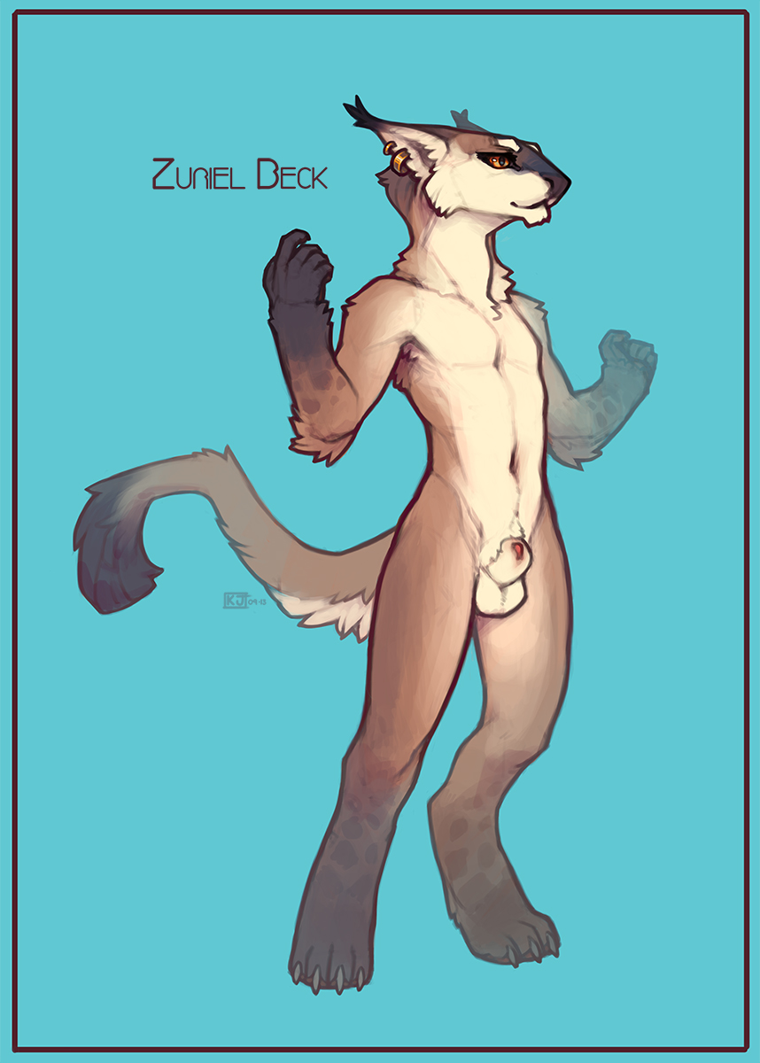 1boy 2014 4_toes anthro balls barefoot blue_background borelian ear_piercing male male_only markings nude orange_eyes paws piercing plain_background sheath snowskau socks_(marking) solo tetton text twink unknown_species zuriel_beck