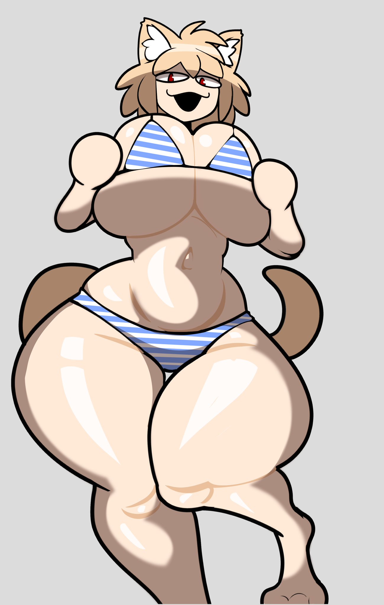 anthro, belly, belly button, big ass, big breasts, bikini, breasts bigger than head, captain dagon, cat ears, cat girl, cat tail, color, dagon789, exposed breasts, female only, furry ears, furry female, light-skinned female, long tail, looking at viewer, melty blood, neco-arc, neko, red eyes, short hair, solo female, thick thighs, tsukihime, type-moon, voluptuous, wasp waist, wide hips