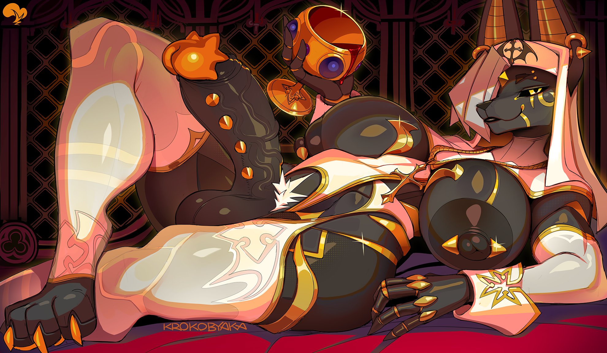 1futa, 2d, anthro, anubian jackal, anubis, big areola, big ass, big balls, big belly, big boobs, big breasts, big butt, big nipples, big penis, big thighs, clothed, clothed futa, clothes, clothing, egyptian, egyptian clothes, egyptian clothing, egyptian female, egyptian mythology, futa, futa only, futanari, image, krokobyaka, oc, pubic hair, tagme, thick thighs, wine, wine glass
