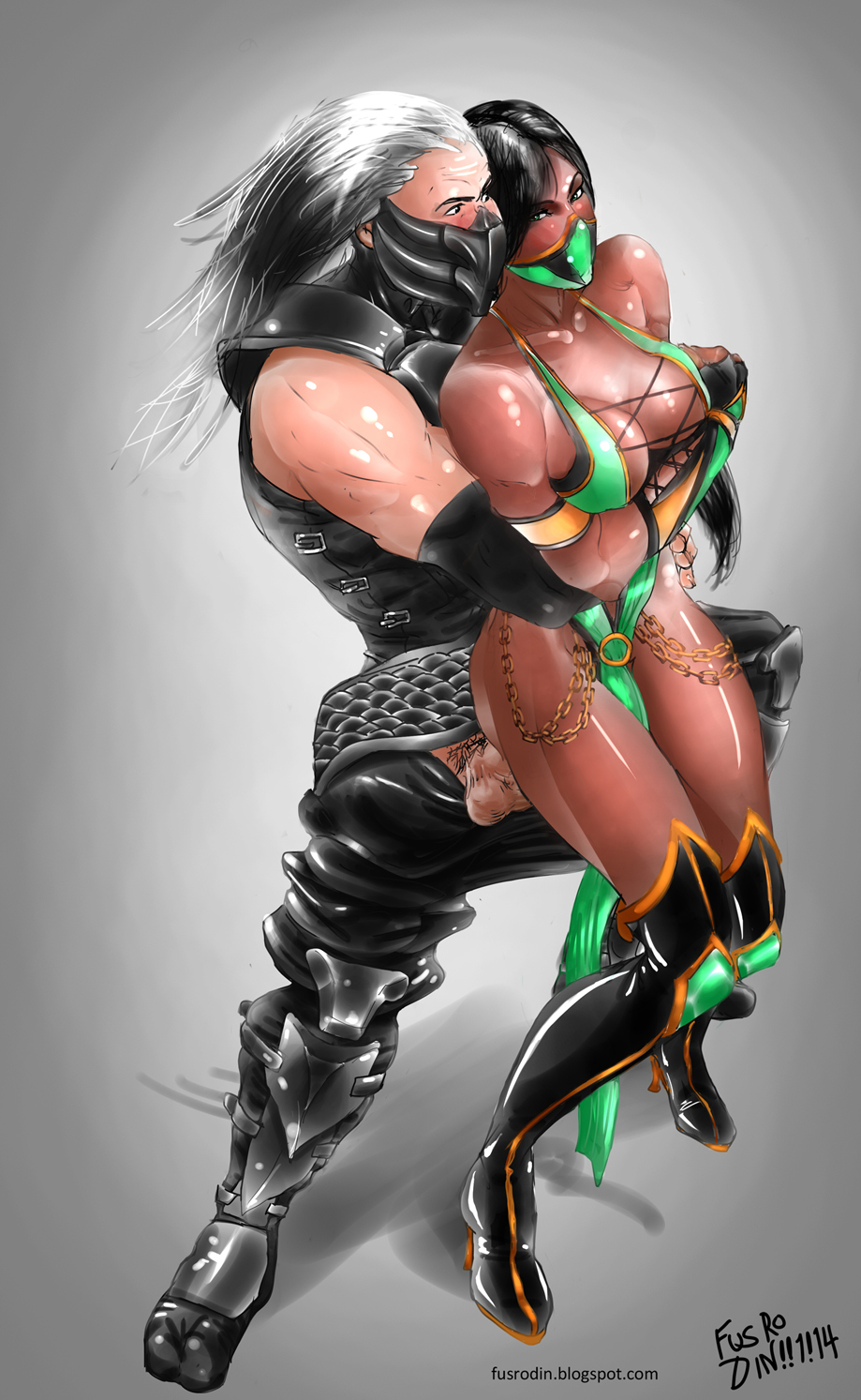 2d black_hair breasts cleavage clothed_sex dark-skinned_female dark_skin female fingerless_gloves fusrodin green_eyes hair hug interracial jade_(mortal_kombat) large_breasts loincloth mask mortal_kombat netherrealm_studios ninja pants_pull ponytail pubic_hair sex shiny shiny_skin simple_background smoke_(mortal_kombat) standing testicles thighhighs tied_hair unseen_male_face