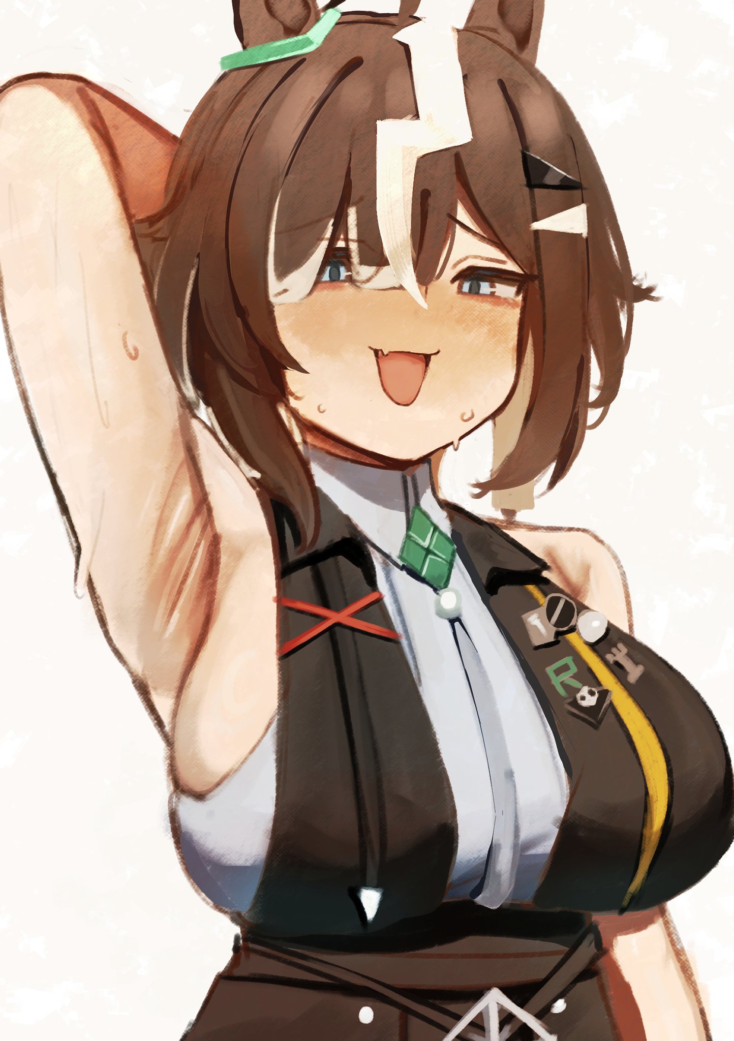 1girls, armpits, arms behind head, big breasts, blue eyes, breasts, brown hair, clothed, horse ears, horse girl, huge breasts, iog art, large breasts, looking at viewer, multicolored hair, rulership (umamusume), short hair, sweat, sweating, umamusume, umamusume pretty derby, white hair