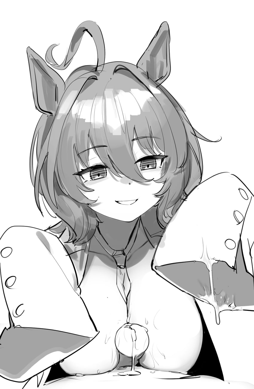 1boy, 1girls, agnes tachyon (umamusume), animal ears, cum, female, horse ears, horse girl, horse tail, labcoat, large breasts, male, paizuri, penis, penis between breasts, smile, tail, umamusume, umamusume pretty derby, uta (xuyansong1996)