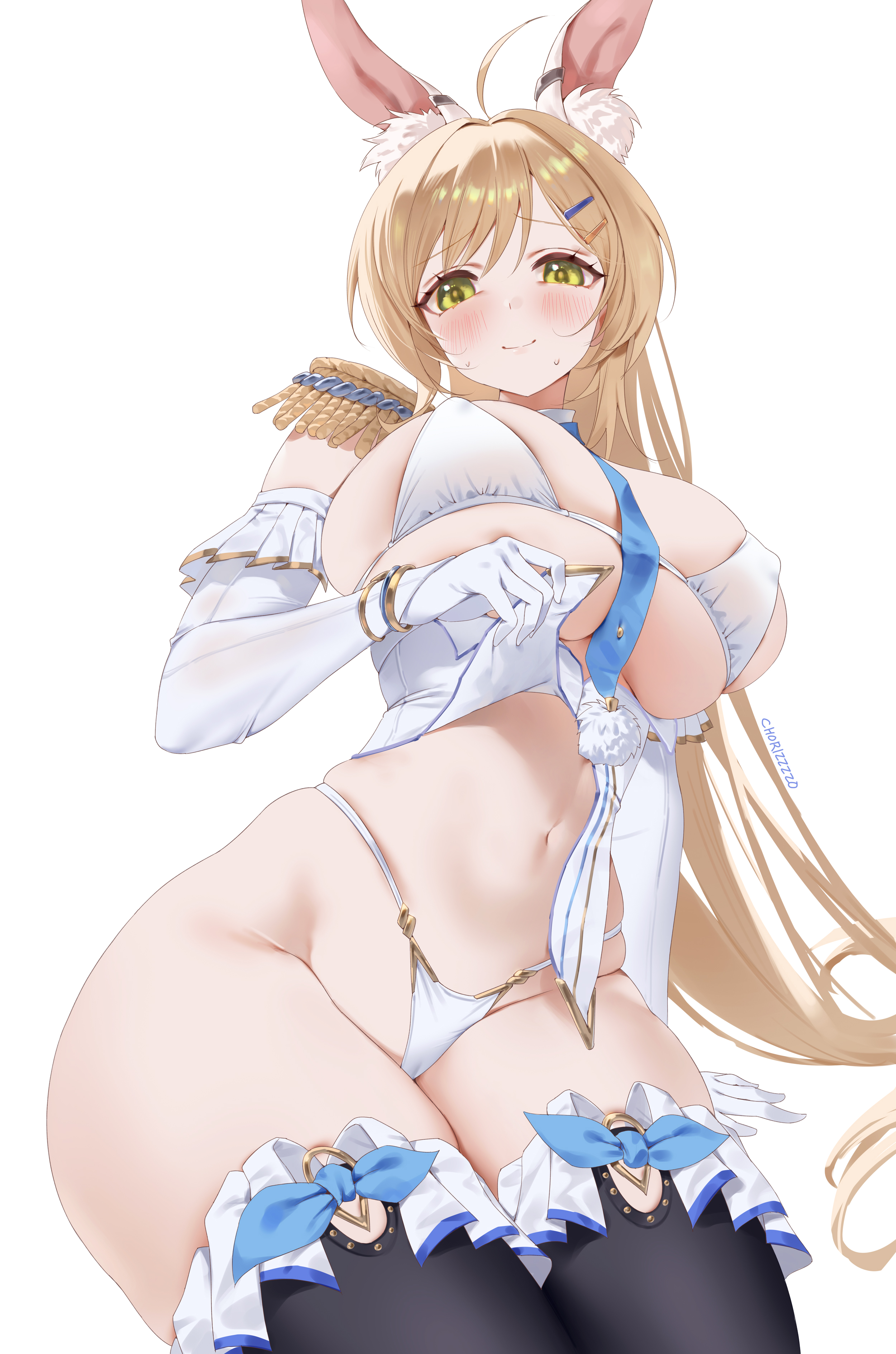 1girls, animal ears, artist name, artist request, black legwear, blue tie, bra, breasts, bunny ears, bunny girl, curvy, curvy figure, female, female focus, female only, gratia (silver palace), large breasts, legwear, long hair, looking at viewer, rabbit, rabbit girl, silver palace, tagme (artist), thick thighs, thighhighs, thighs, tie, white bra, white panties, wide hips, wide thighs