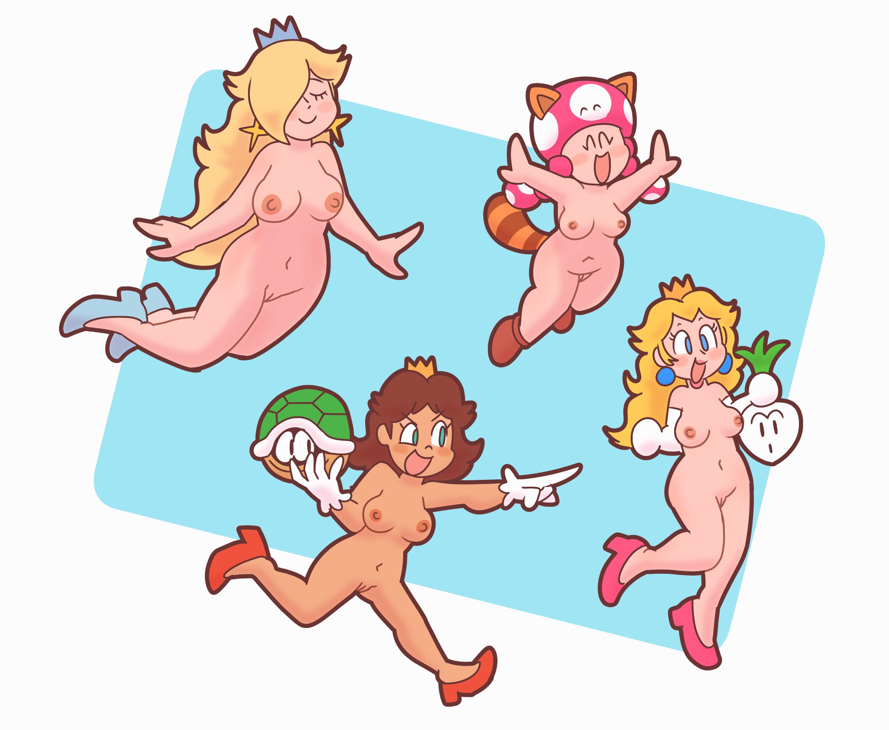 4girls, breasts, compysteps, female, hairless pussy, mario (series), naked, naked women, nude, princess daisy, princess peach, princess rosalina, pussies, pussy, tagme, toadette, vulvae