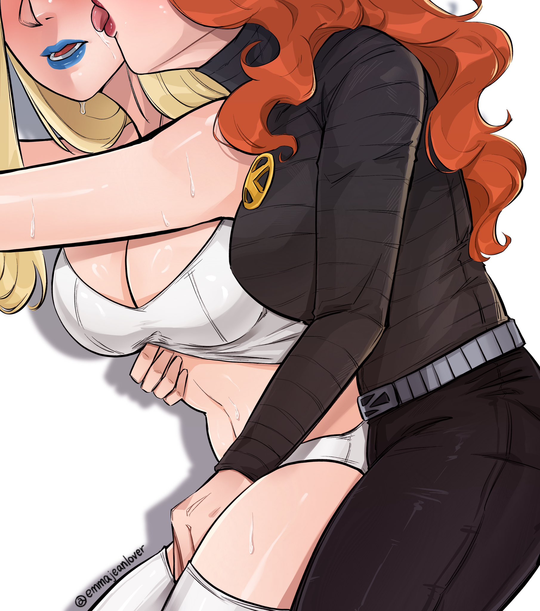 2girls, artist name, belt, big breasts, blonde hair, blue lipstick, breast press, cleavage, clothed, clothed female, color, colored, crop top, emma frost, face out of frame, female, female only, female/female, from behind, ginger hair, hand on crotch, hand under clothes, hand under shirt, imminent lesbian sex, imminent sex, jean grey, jeans, lesbian, licking cheek, licking face, light skin, light-skinned female, lipstick, long hair, long sleeve shirt, marvel, marvel comics, micro shorts, reach around, red lipstick, simple background, solid color background, spicycheese, sweat, sweatdrop, sweaty, thick thighs, thigh highs, thighhighs, unseen face, unseen female face, watermark, white background, x-men, yuri