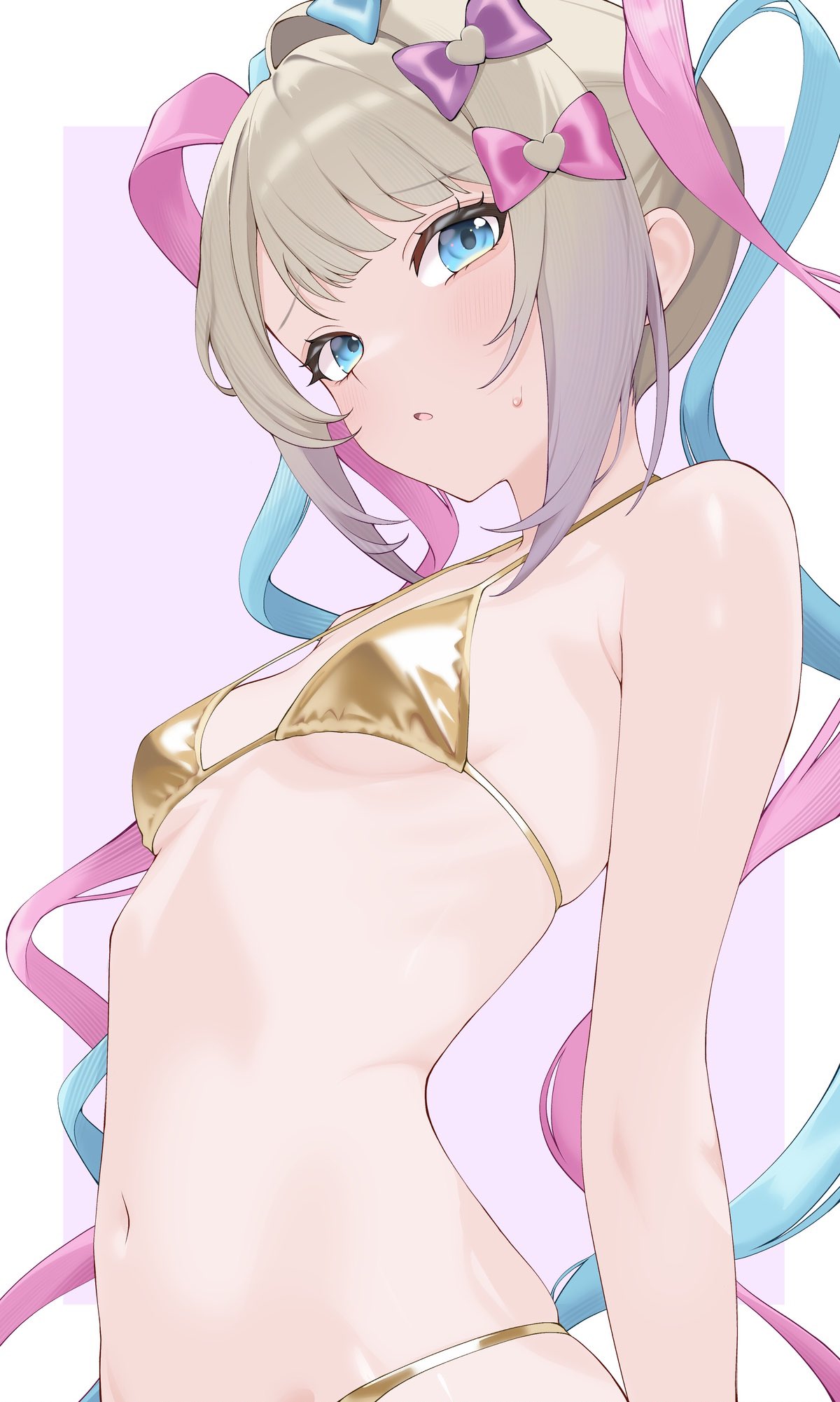 bikini, blush, chouzetsusaikawa tenshi-chan, embarrassed, gold bikini, inami (x spidekawaii x), needy girl overdose, needy streamer overload, nervous, ribs, scared, shy, small breasts, sweatdrop, upper body