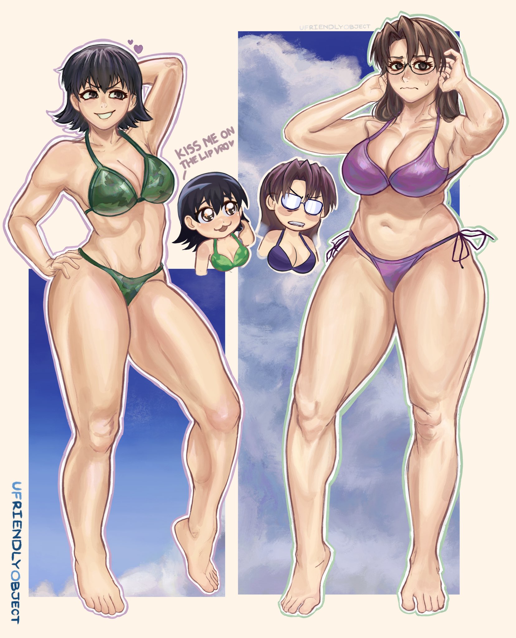 2girls, azumanga daiou, big breasts, bikini, black hair, english text, full body, koyomi mizuhara, tagme, tagme (artist), text, tomo takino, ufriendlyobject