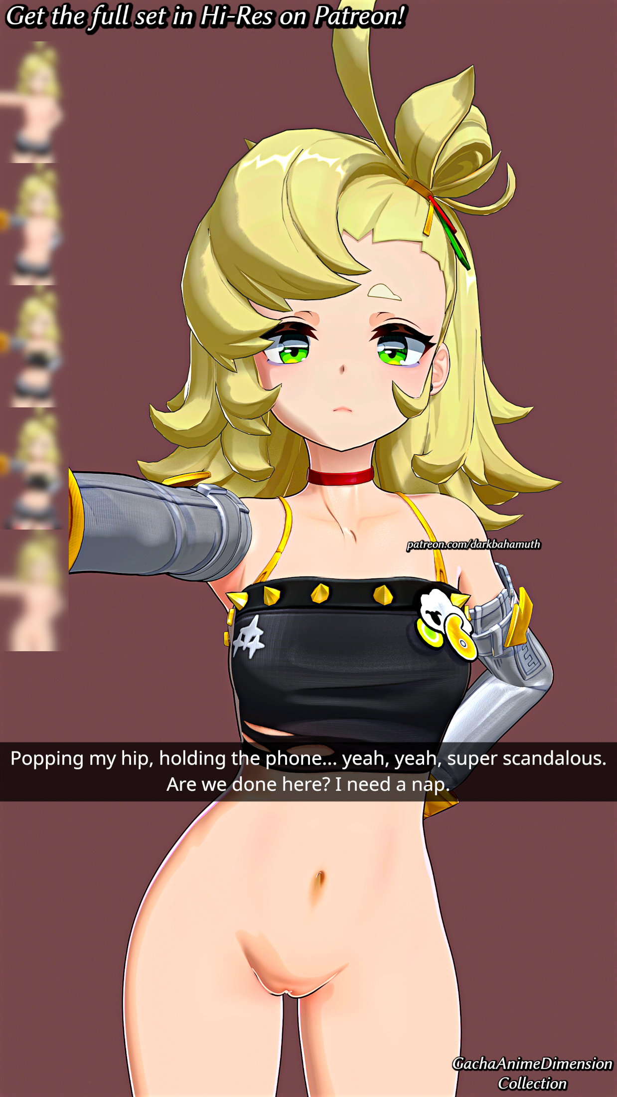 1girls, 3d, 3d (artwork), belly, bottomless, caption, crop top, darkbahamuth, female, navel, petite, petite body, petite female, piper wheel, selfie, snapchat, text, tummy, zenless zone zero