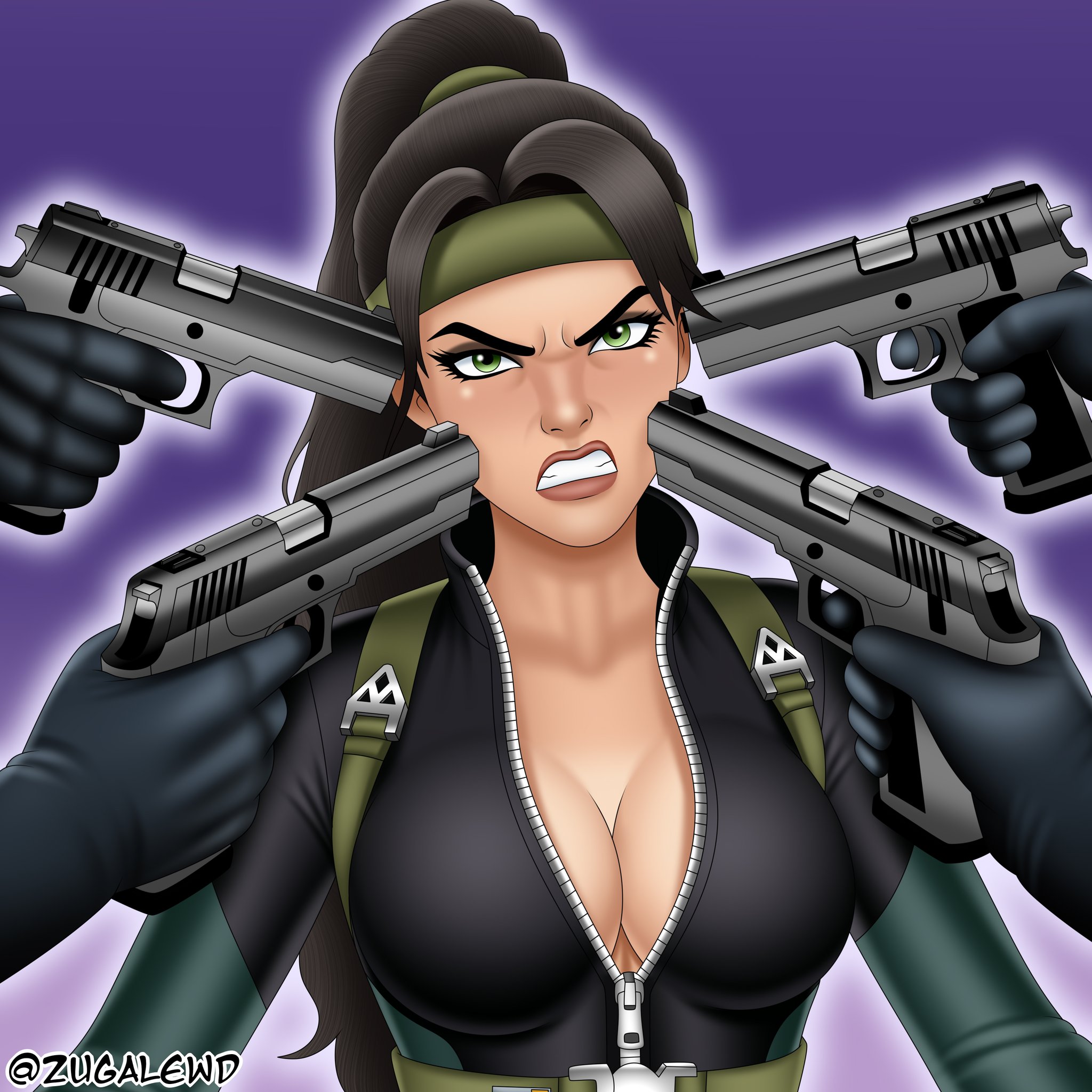 angry face, arms, black suit, breasts, caucasian, caucasian female, fortnite, gloves, grace crowne, gray hair, green eyes, redline surrounded by guns (meme), spine (game), suit, zugalewd