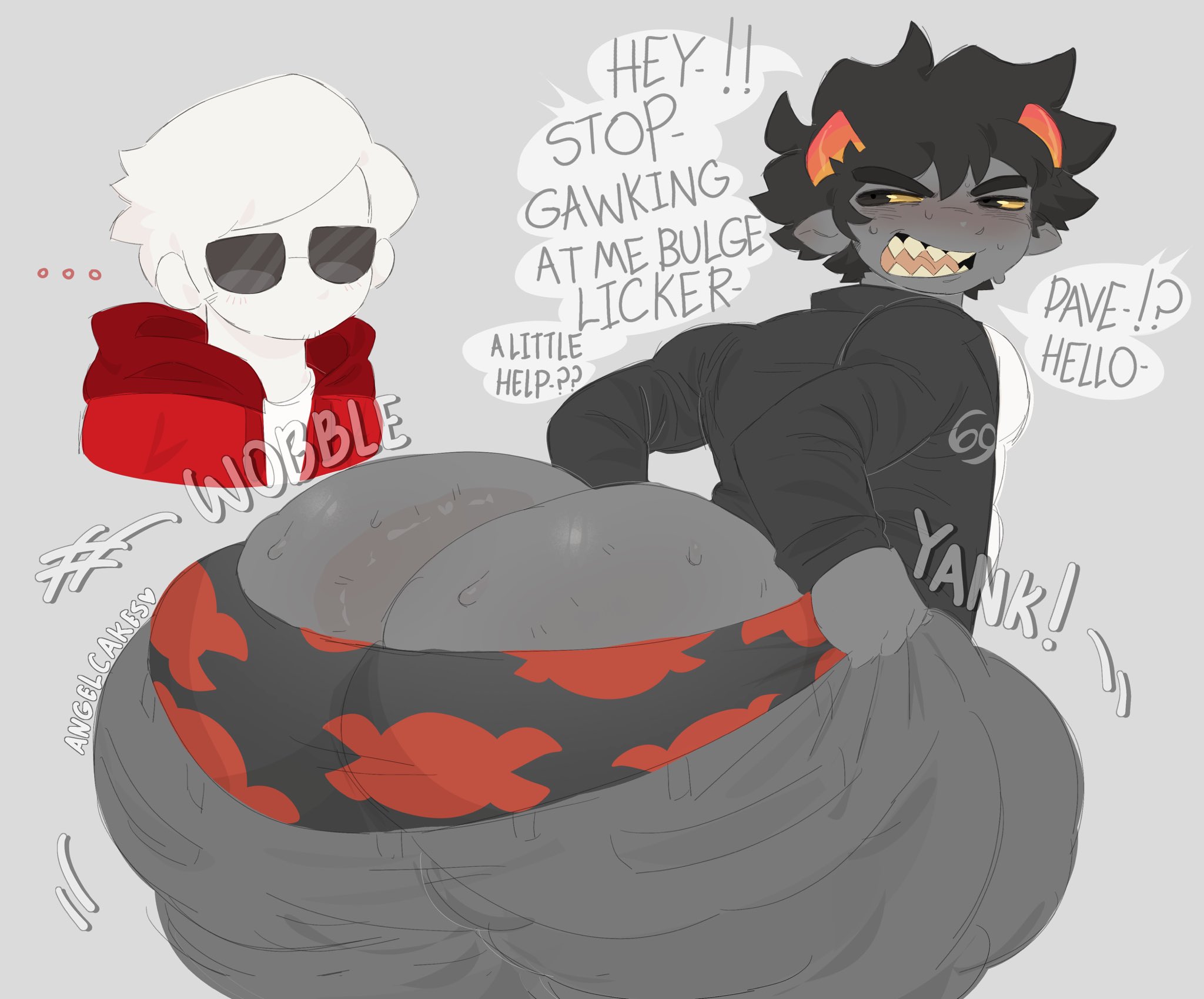 2026, 2boys, angry, ass, ass crack, ass focus, big ass, black hair, butt bigger than head, clothed, clothed male, dave strider, dialogue, duo, glasses, grey skin, homestuck, horns, huge ass, hyper, hyper ass, karkat vantas, looking back, male, onomatopoeia, pants pull, pattern underwear, presenting hindquarters, struggling to fit, sweat, sweatdrop, sweaty ass, tagme, thick thighs, troll (homestuck), underwear, white skin, wide hips, zombvie00
