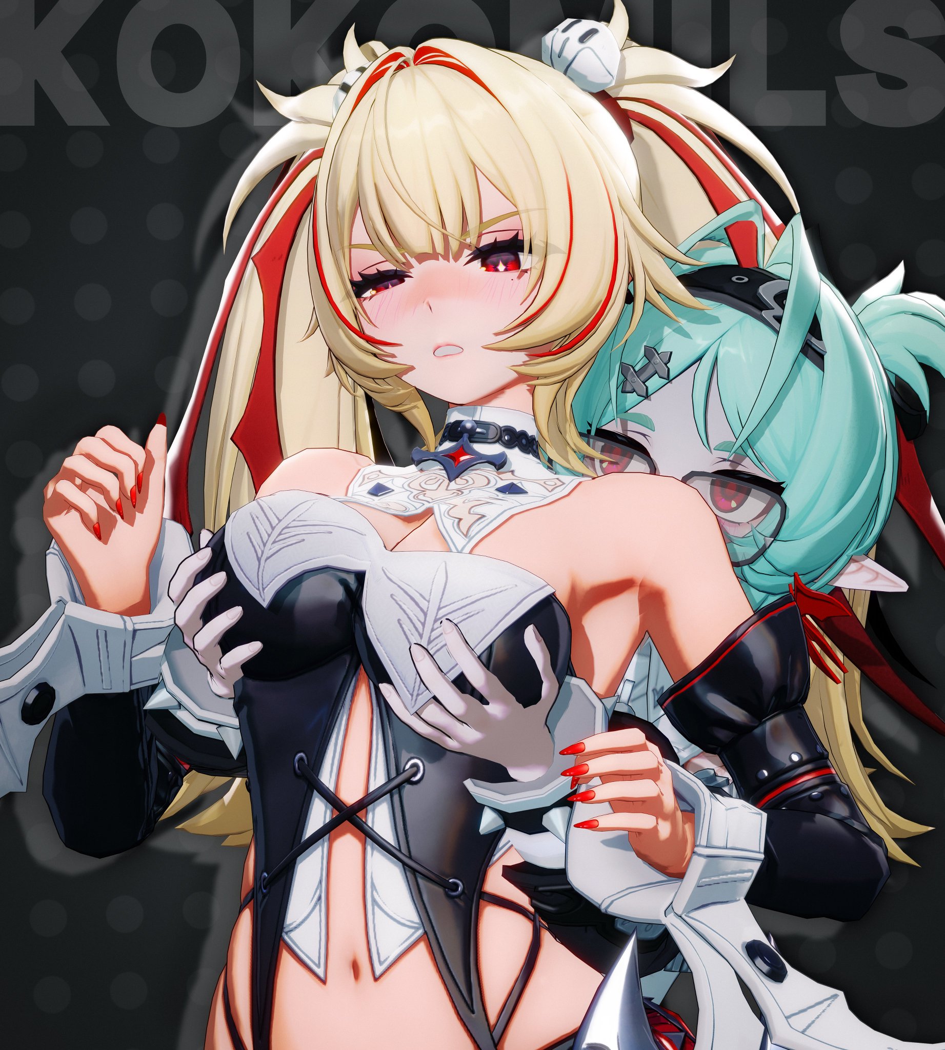 2girls, 3d, 3d model, bare shoulders, blush, breasts, claret flint, cleavage, cyan hair, female, female only, female/female, glasses, groping breasts, groping from behind, kokomils, large breasts, long hair, midriff, midriff baring shirt, navel, painted nails, pale skin, pale-skinned female, pigtails, platinum blonde hair, pointy ears, red eyes, roxy (zenless zone zero), roxy ifrita pryce, two-tone hair, white skin, white skinned female, yuri, zenless zone zero