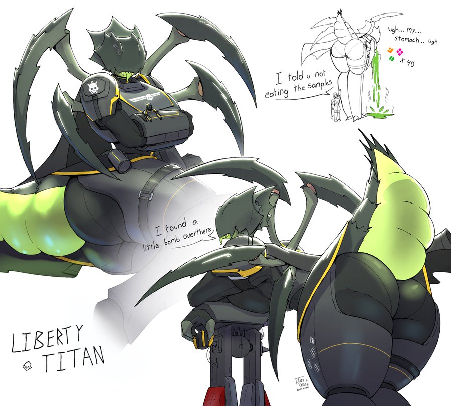 alien, alien girl, alien humanoid, armor, armored female, arzyparzy, bending forward, bending over, big ass, big breasts, big butt, bile titan, clothed, clothing, giantess, helldiver (helldivers), helldivers, helldivers (series), helldivers 2, puke, puking, terminid, text, text bubble, thunder thighs