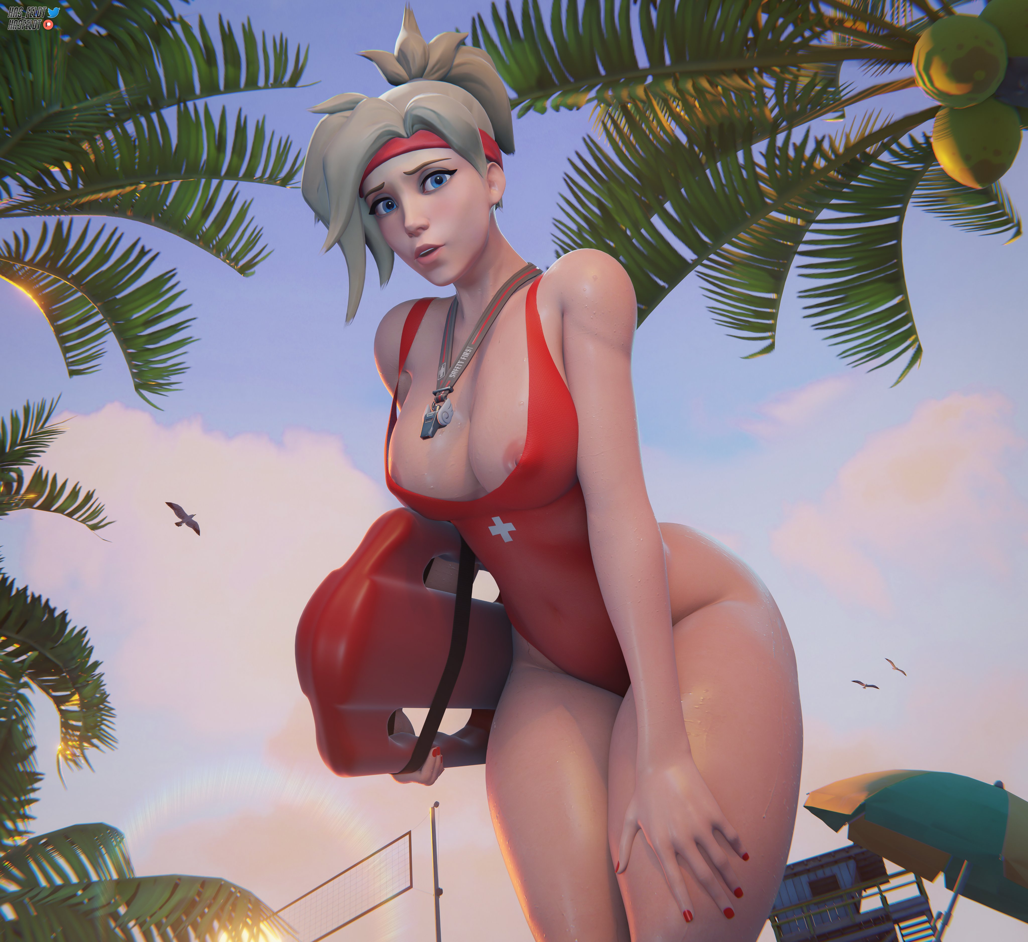 1girls, 3d, angela ziegler, areola slip, areolae slip, beach, beach background, big ass, big breasts, blonde hair, blue eyes, detailed background, eyeliner, eyeshadow, female, female only, hasfeldt, lifeguard, light skin, light-skinned female, makeup, medium hair, mercy, nail polish, nails painted, nipple slip, one-piece swimsuit, outdoors, outside, overwatch, overwatch 2, painted nails, ponytail, red nail polish, red nails, small waist, solo, solo female, sweatband, thick thighs, wardrobe malfunction, wet body, wet skin, whistle, whistle around neck, wide hips