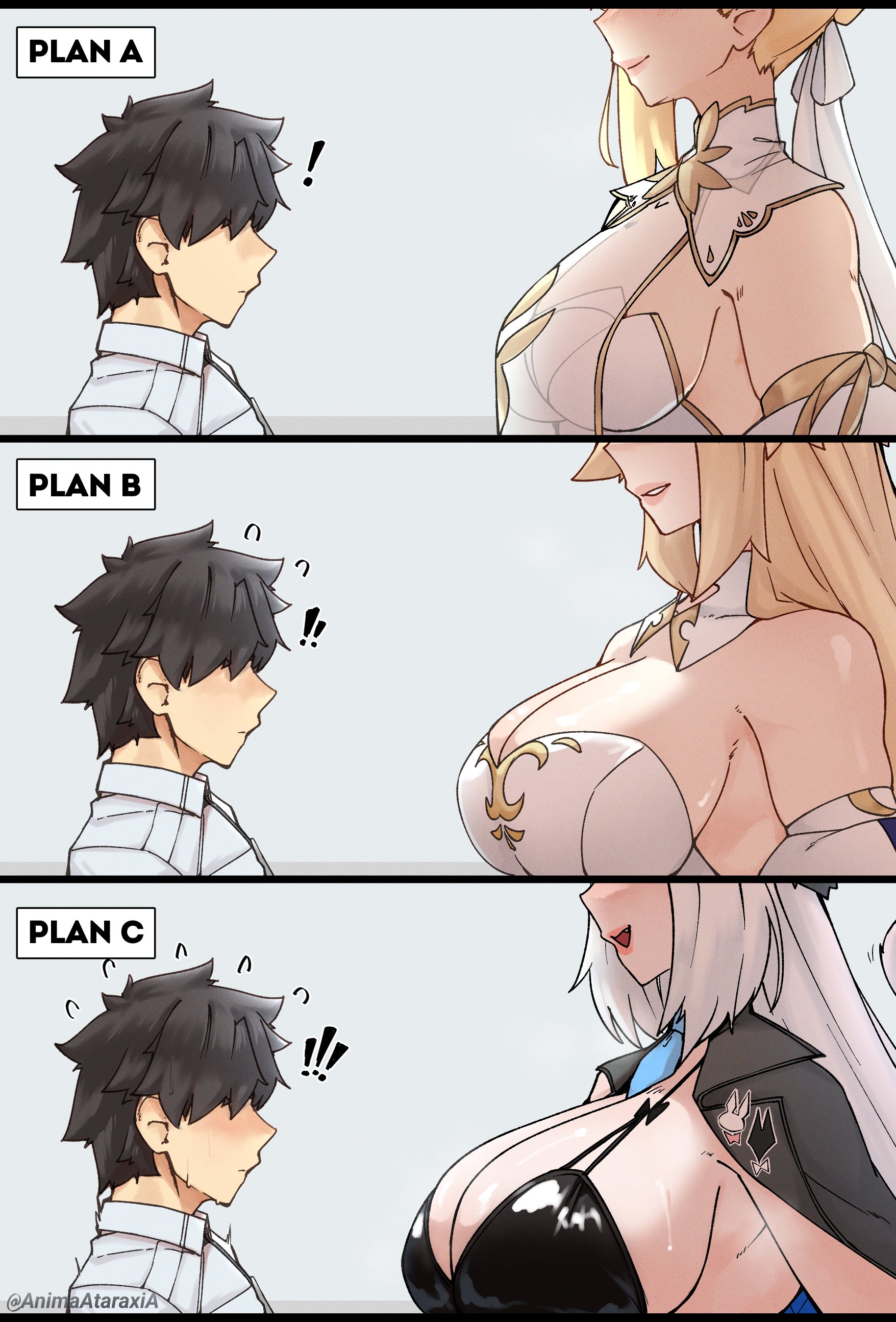 1boy, 3girls, absurdres, archetype earth, arcueid brunestud, artoria pendragon (fate), bare shoulders, bikini, black bikini, black hair, black hat, black jacket, blonde hair, blush, breasts, cat girl, cat tail, cleavage, collared shirt, commentary, detached collar, detached sleeves, dobrynya nikitich (fate), dobrynya nikitich (swimsuit lancer) (first ascension) (fate), dress, english commentary, english text, fate (series), fate/grand order, fujimaru ritsuka (male), fur trim, fur-trimmed headwear, gold trim, grin, hair ribbon, hat, highres, huge breasts, jacket, jacket on shoulders, large breasts, long hair, lord logres (fate), lord logres (fate/grand order), lord logres (second ascension) (fate), multiple girls, multiple views, necktie, open mouth, razorbelyy, ribbon, shirt, short hair, smile, swimsuit, tabard, tail, very long hair, white dress, white hair, white ribbon, white shirt