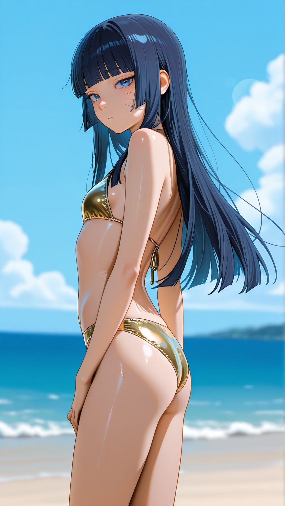 1girls, 2d, ai generated, areolae, armpit, bare arms, bare legs, bare shoulders, belly, bikini, bikini bottom, bikini top, black hair, blunt bangs, boruto, boruto: naruto next generations, chest, curvy, curvy figure, cute, cute face, dark hair, detailed, eyelashes, eyeshadow, female, female only, fit, fit female, focus, hair, high quality, himawari, hime cut, legs, light skin, light-skinned female, lips, lipstick, long hair, makeup, mascara, naruto, naruto (series), outdoors, outside, pale skin, pale-skinned female, perky breasts, posing, purple hair, seductive, seductive look, skinny, skinny female, small breasts, straight hair, swimsuit, swimwear, tagme, teen, teen girl, teenage, teenage female, teenage girl, thighs, thin waist, uzumaki himawari