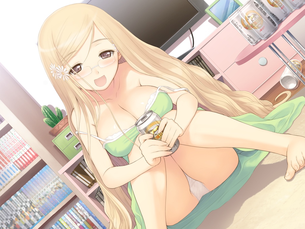 bare_shoulders barefoot blonde_hair blush book breasts brown_eyes can cleavage drink drunk dutch_angle fault!! feet female game_cg glasses happy hayama_rika large_breasts long_hair looking_at_viewer open_mouth panties sitting smile taka_tony television toes underwear white_panties