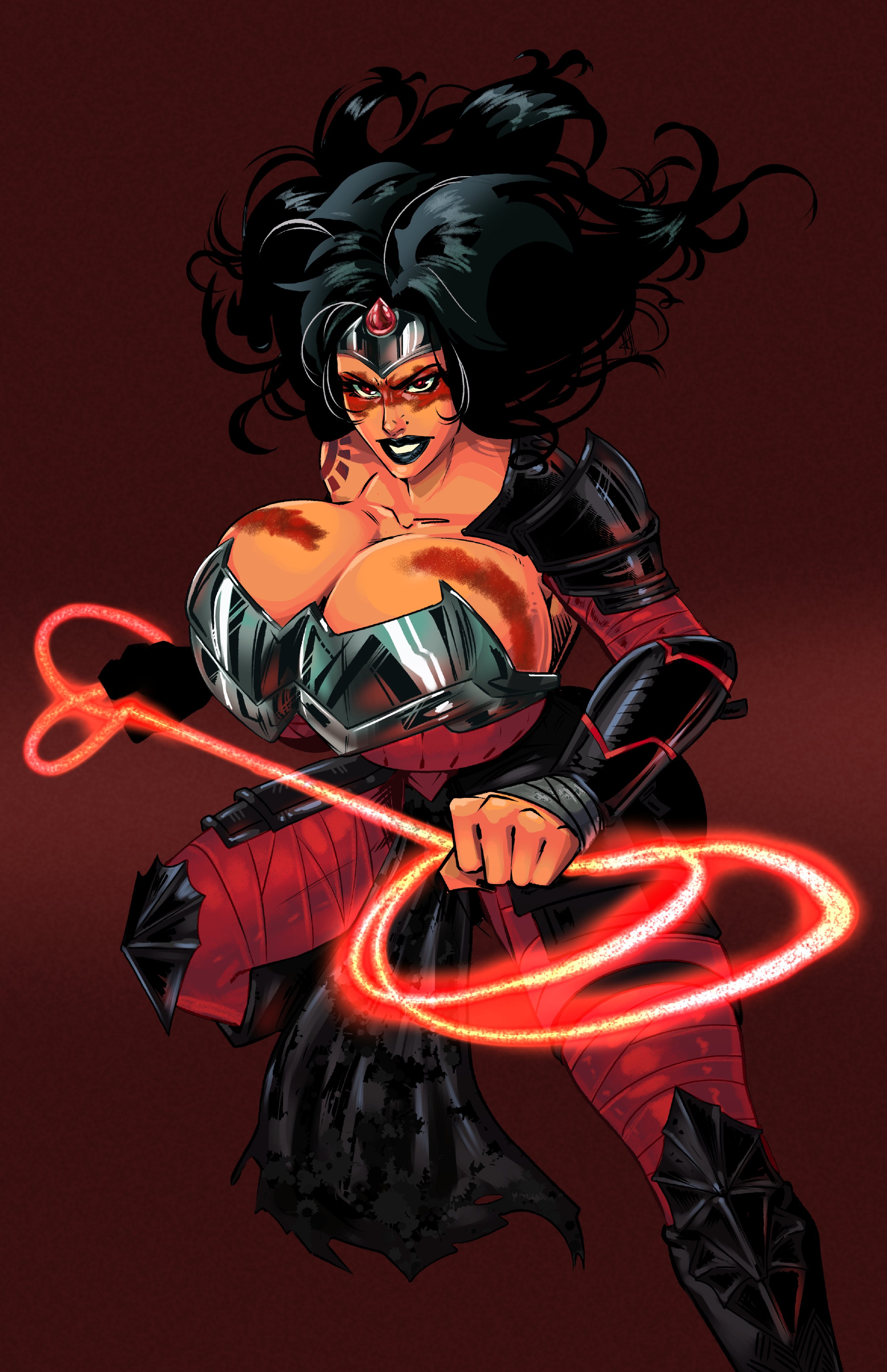 1female, absolute dc, absolute wonder woman, alternate breast size, armor, black hair, black lipstick, breasts bigger than head, cleavage, clothed, dc, dc comics, fully clothed, hotsriracha, huge breasts, lasso, red eyes, round breasts, tiara, war paint, wonder woman