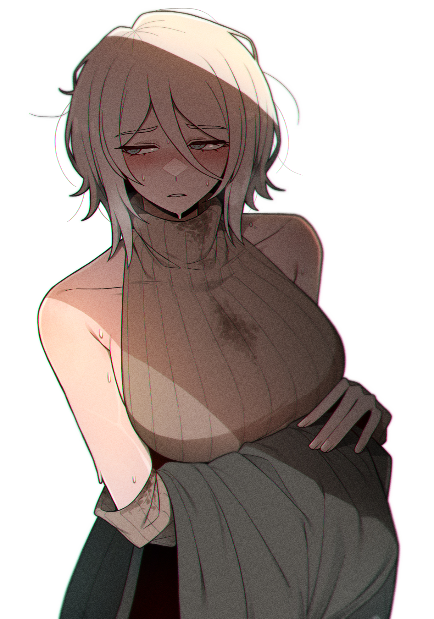 1girl, 1girls, blue eyes, coat, faust (limbus company), female, female focus, highres, holding, large breasts, limbus company, long sleeves, misg1111, parted lips, project moon, short hair, simple background, solo, solo female, sweat, sweater, white background, white hair