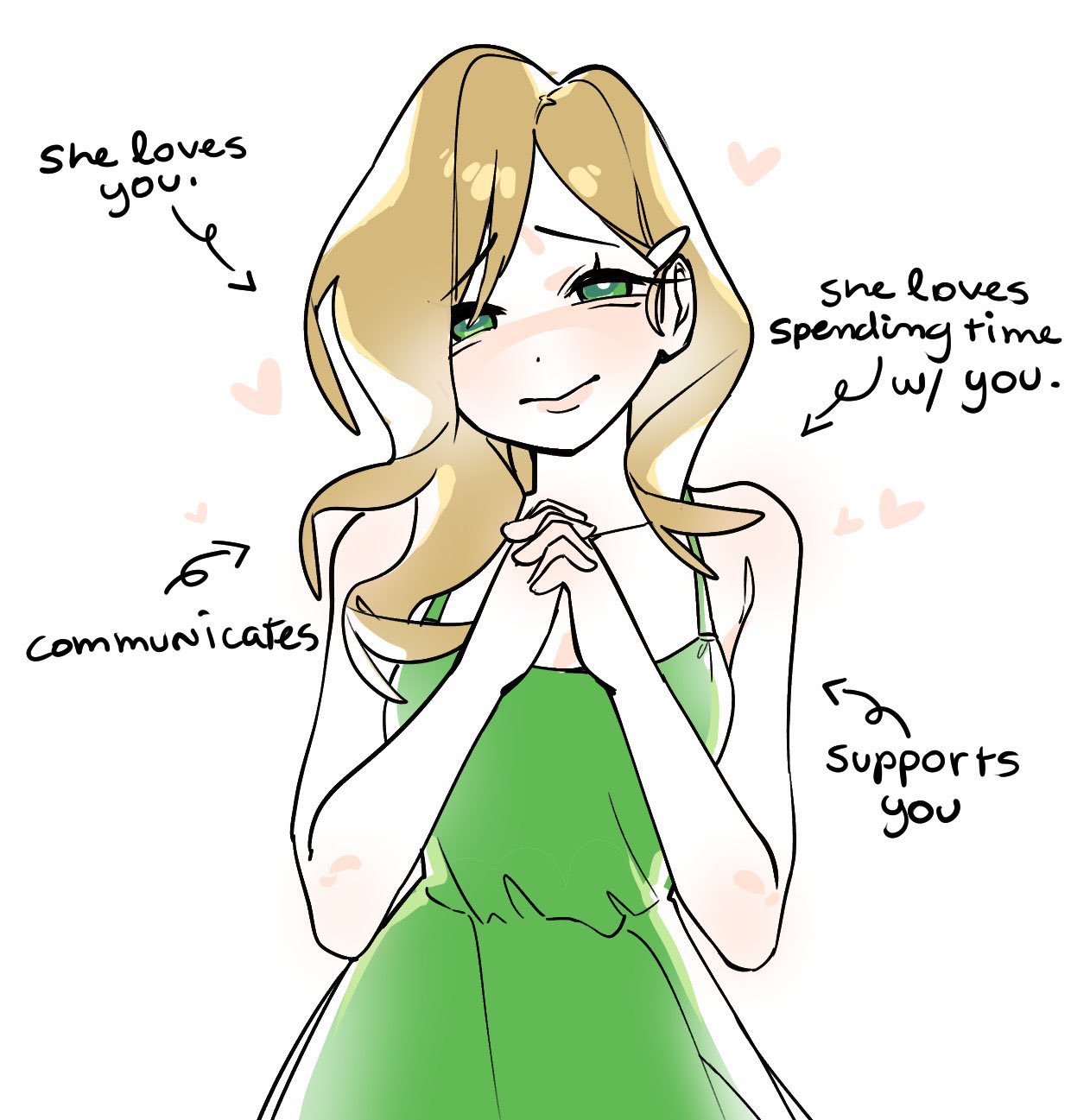 1girl, 1girls, artist request, bare shoulders, blonde hair, blush, cleavage, dress, english text, female, female focus, green dress, green eyes, hearts, looking at viewer, mythological creature, original character, simple background, solo, solo female, white background, wholesome