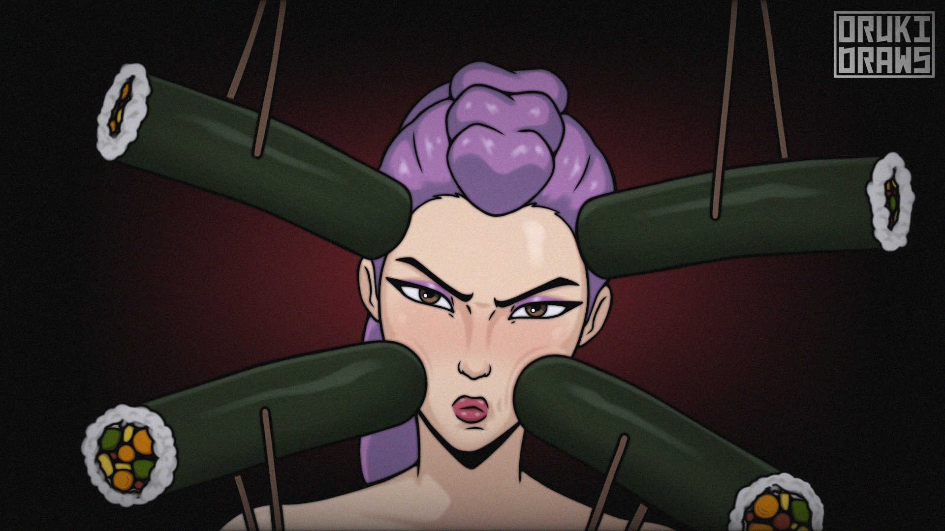 1girls, 2d, angry, annoyed, asian, asian female, brown eyes, close-up, face focus, female, female focus, food, kpop demon hunters, light skin, lipstick, looking at viewer, makeup, meme, meme reference, more at source, nude, orukidraws, purple hair, redline surrounded by guns (meme), rumi (kpop demon hunters), solo, spine (game)