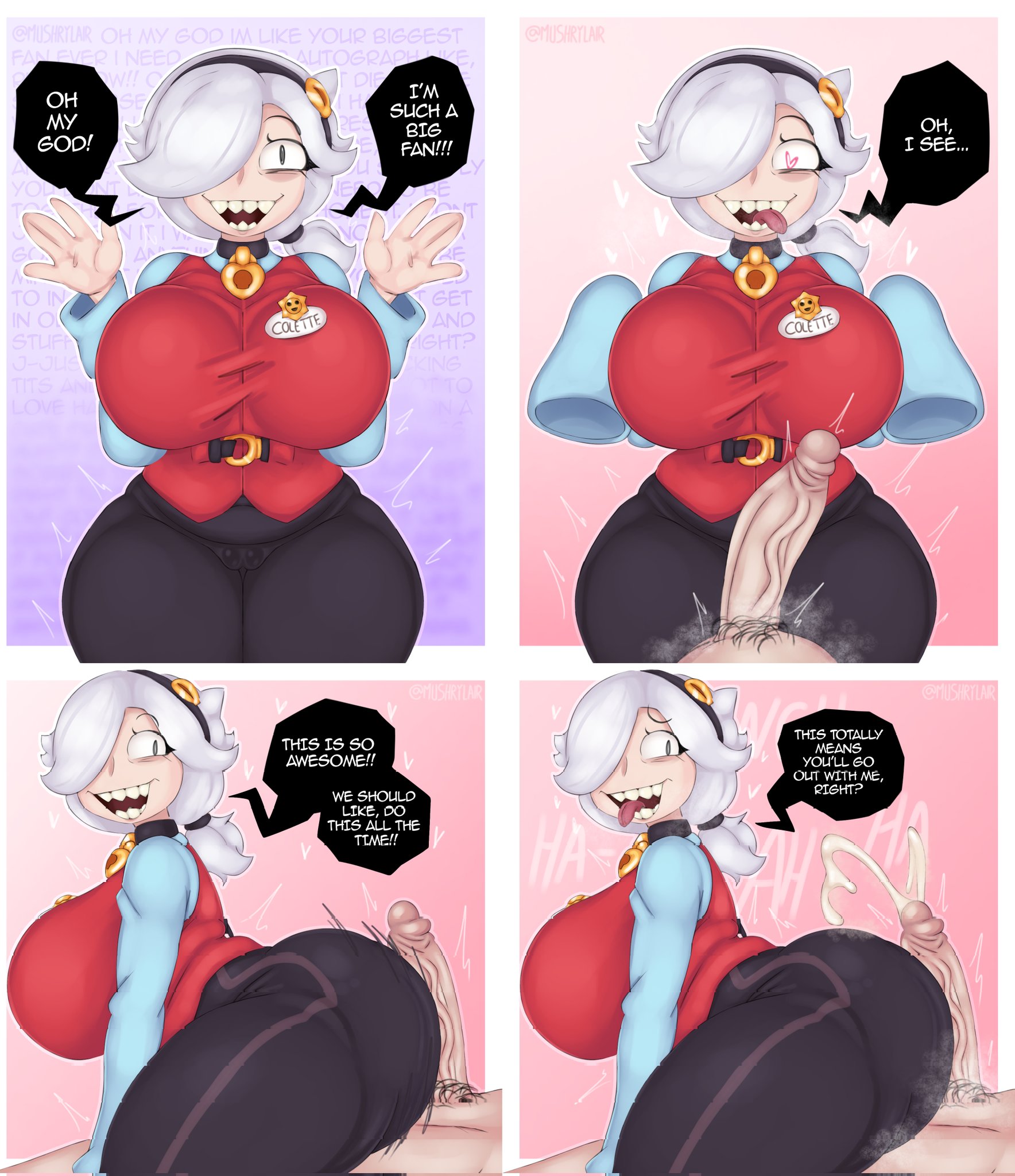 1boy, 1girl, 1girls, 2026, asking for it, ass, assjob, big ass, big breasts, black clothing, black legwear, brawl stars, cameltoe, cock out, colette (brawl stars), comic, comic panel, crazy eyes, crazy smile, cum, cumshot, curved penis, english text, fully clothed, heart-shaped pupils, hearts around head, humping, imminent sex, light-skinned female, motion blur, motion lines, mushrylair, name tag, no sex, pubes, pubic hair, red clothing, rubbing, sharp teeth, simple background, supercell, talking, talking to viewer, thick thighs, tight clothes, tight clothing, tongue, tongue out, uniform, veiny penis, white hair, white skin