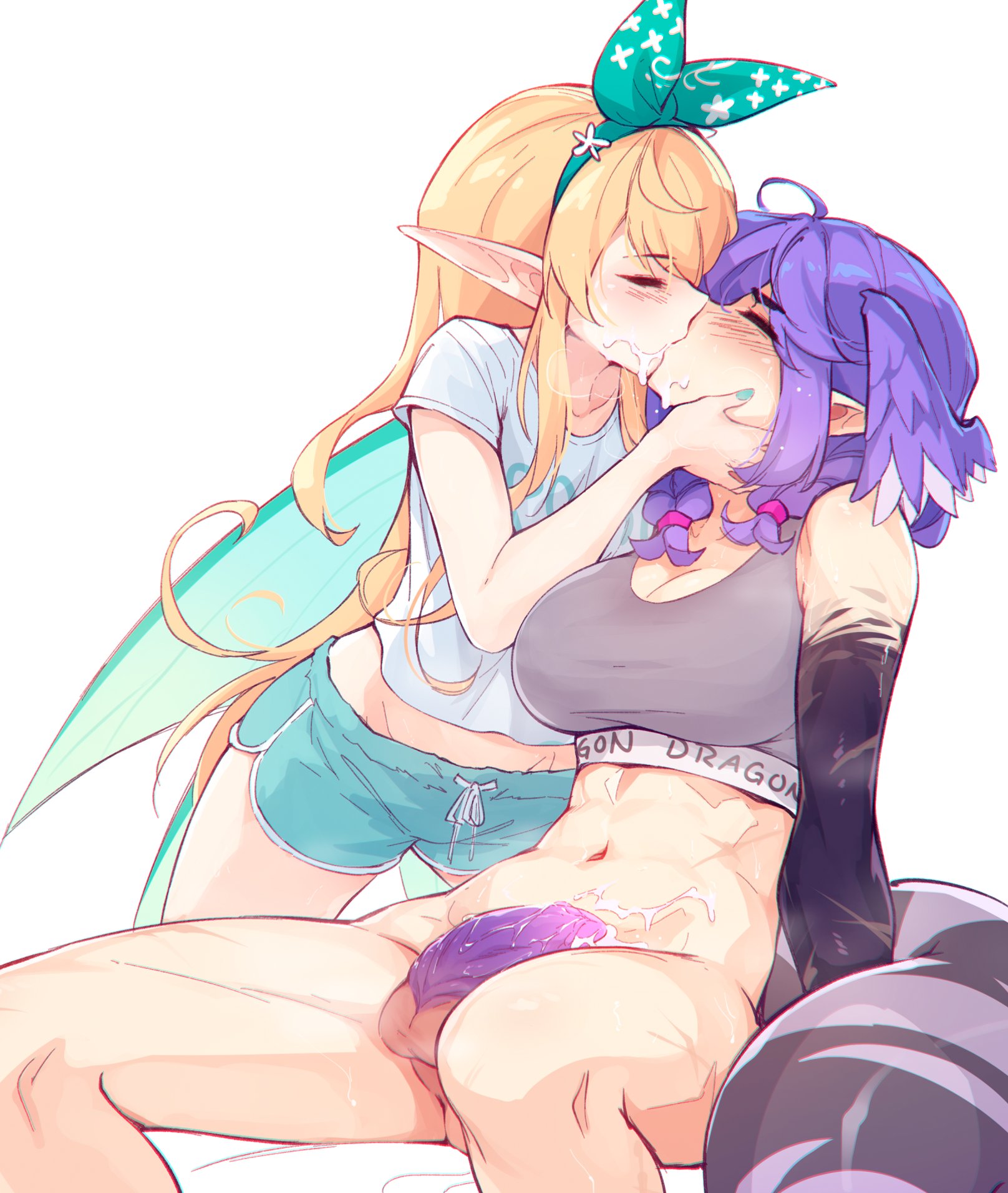 1futa, 1girls, abs, after blowjob, after fellatio, ahoge, asymmetrical arms, athletic futa, balls, barely clothed, big breasts, blushing, bottomless, breasts, cleavage, clothed female, clothed futa, cum, cum drip, cum in mouth, cum on abs, cum on face, cum on penis, cum on self, cum on stomach, cum swap, cum swapping, cumswap, dolphin shorts, dragon arm, dragon girl, dragon penis, dragon tail, elf ears, eyes closed, fairy, fairy girl, fairy wings, female, flaccid, flaccid penis, futanari, graduated vtuber, green hair, hair tied, head wings, headband, headwings, holding head, kiss, kissing, kissing after oral, large breasts, light skin, light-skinned female, light-skinned futa, long hair, midriff, navel, nijisanji, nijisanji en, penis, petite female, pointed ears, pomu rainpuff, purple hair, ricegnat, scar, scars, selen tatsuki, shirt, short hair, shorts, simple background, small breasts, sports bra, thighs, toned futa, virtual youtuber, white background