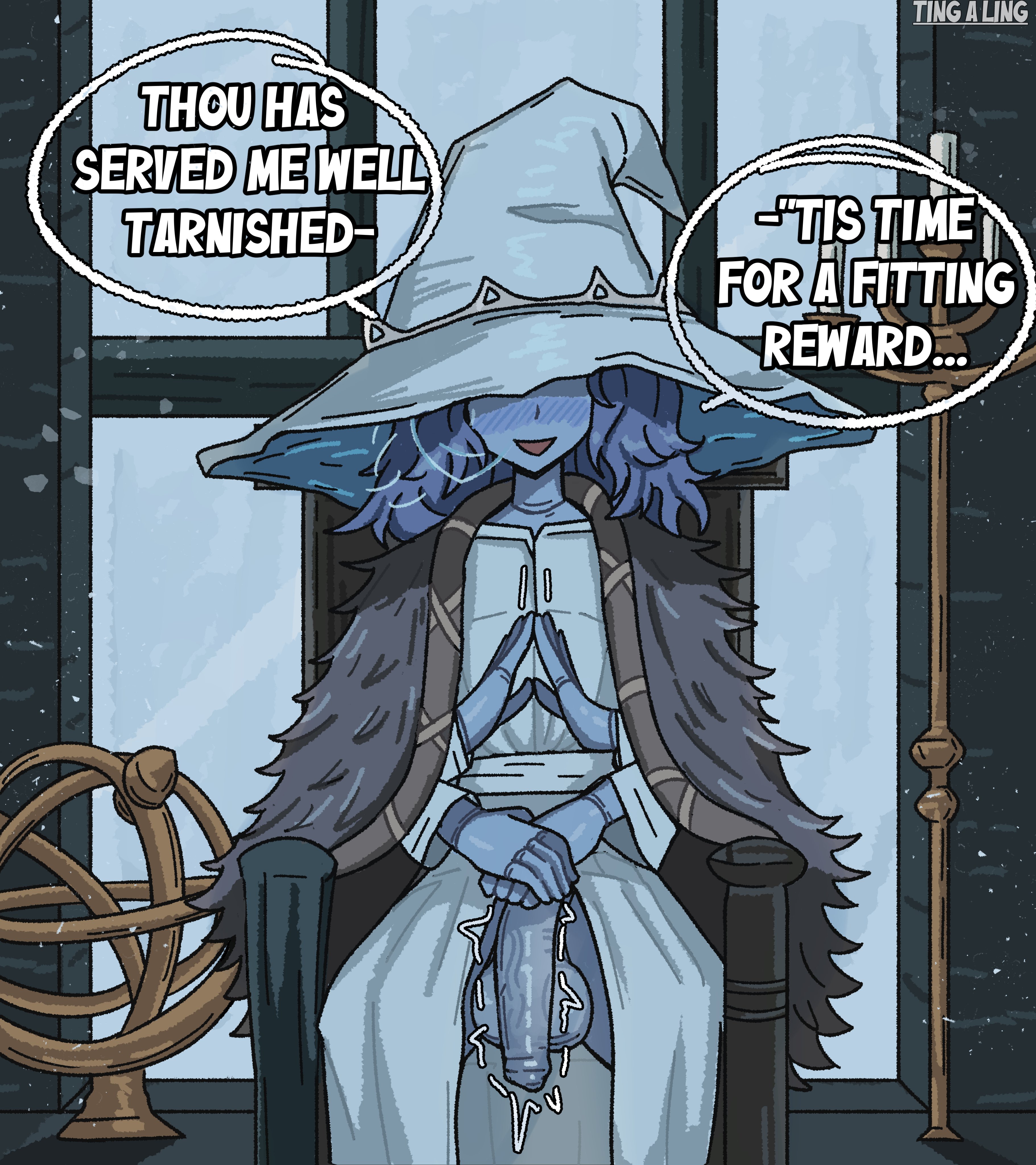 1futa, big penis, blue body, blue eyes, blue skin, blush, blushing, demigoddess, doll girl, doll joints, elden ring, fromsoftware, futa only, futanari, hat, large penis, princess, ranni the witch, royalty, solo, solo futa, talking to viewer, tingalinguy, witch, witch hat